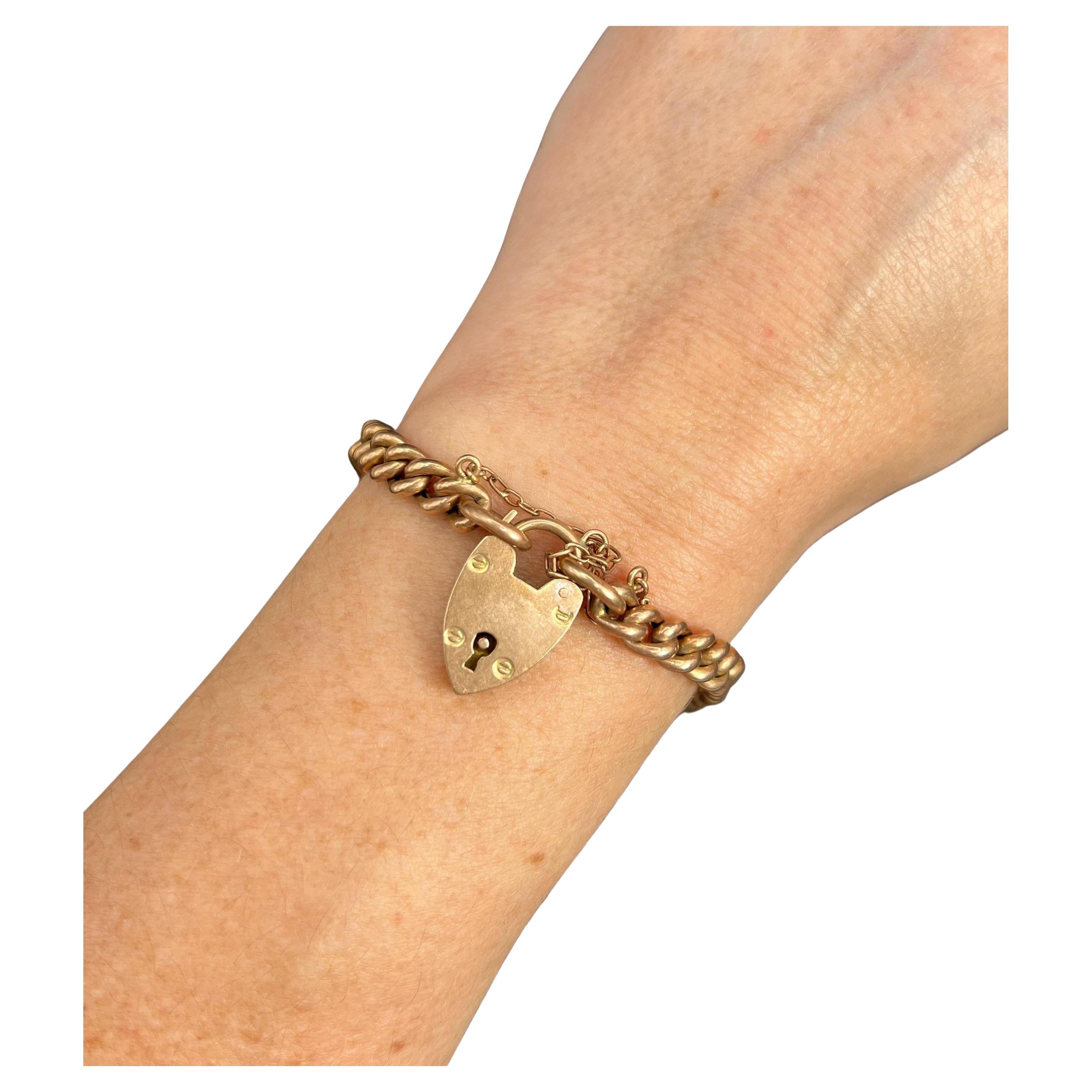 Antique 9ct Rose Gold, 1920s Curb Link Bracelet with Heart Padlock Clasp