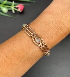 Antique 9ct Rose Gold, 1920s Moonstone Gate Bracelet with Heart Padlock Clasp