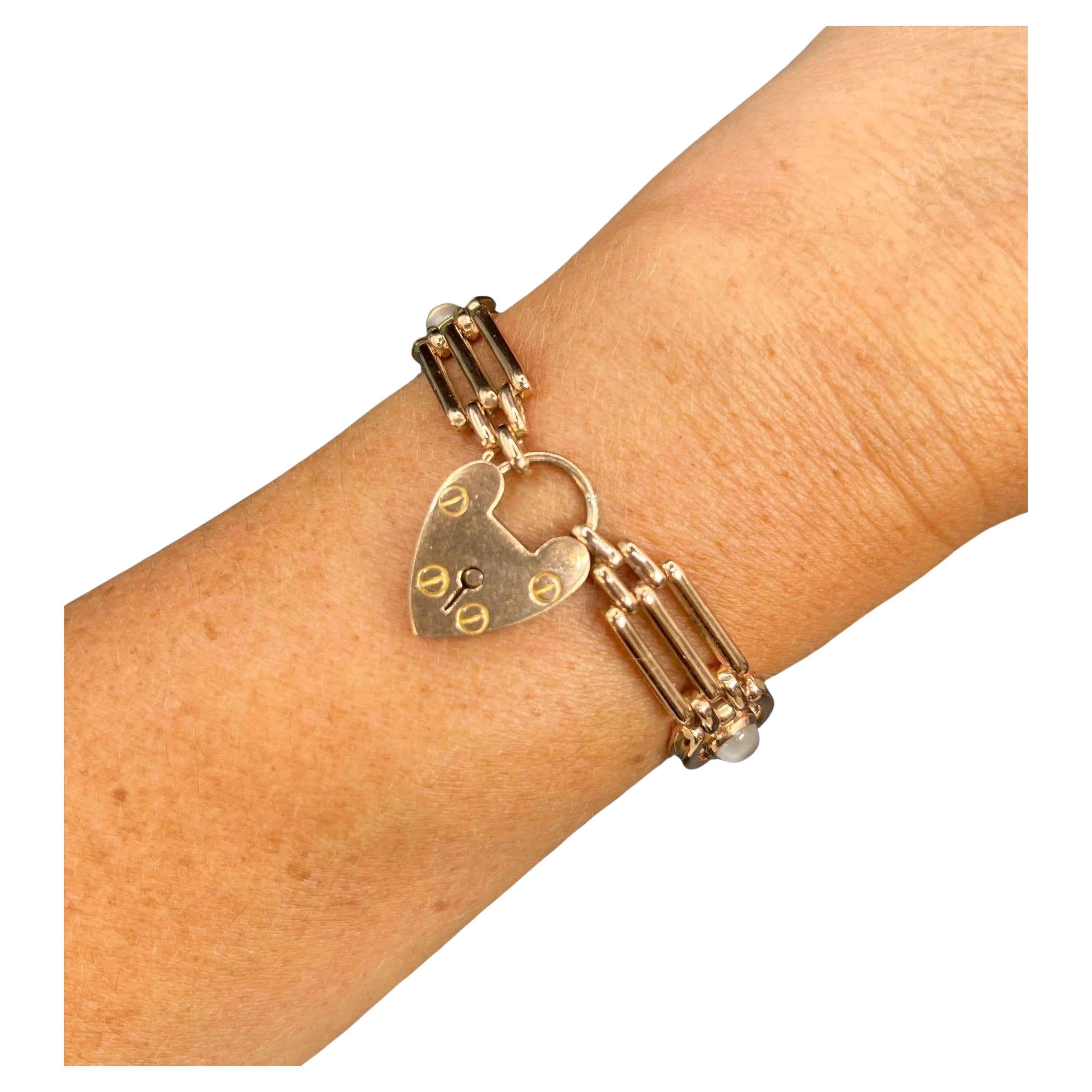 Antique 9ct Rose Gold, 1920s Moonstone Gate Bracelet with Heart Padlock Clasp