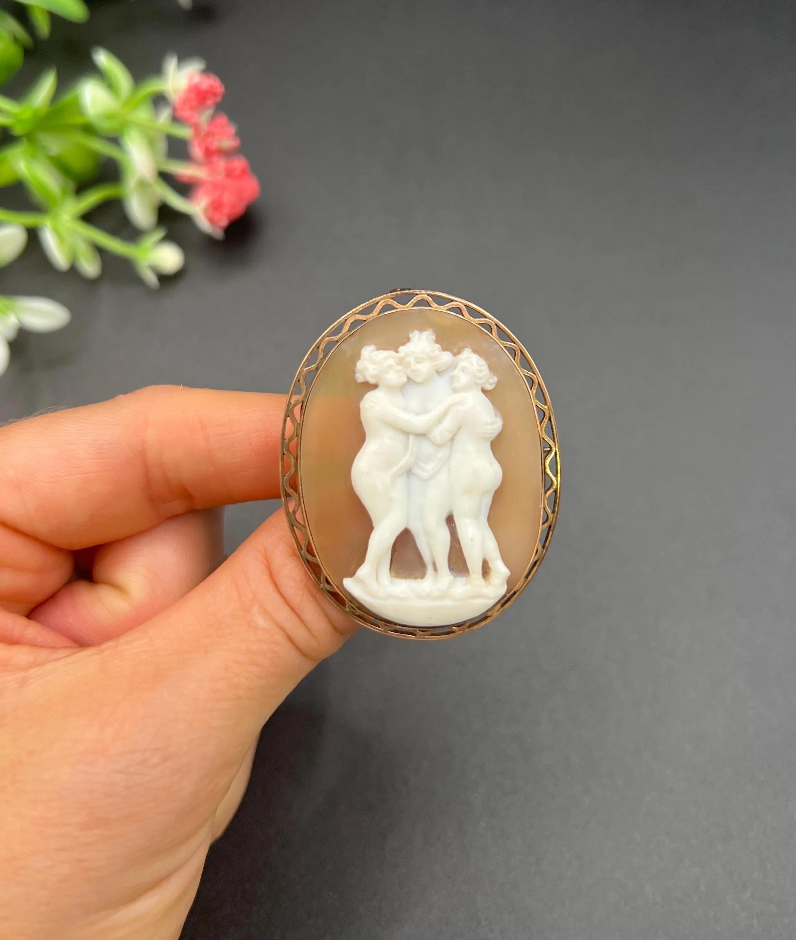 Antique 9ct Rose Gold, 1920s Three Graces Shell Cameo Portrait Brooch For Sale 6