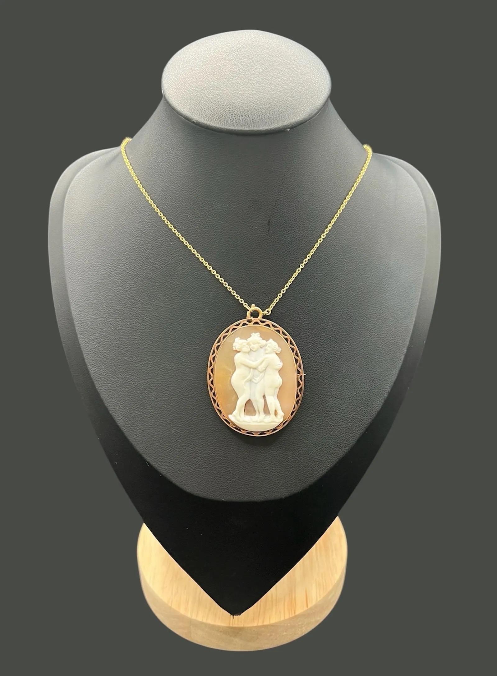 Antique Cameo Brooch

9ct Gold

Circa 1920s

Step back in time with this exquisite 1920s 9ct rose gold cameo brooch, featuring the elegant depiction of the Three Graces intricately carved from shell. Measuring at a beautiful size, this piece