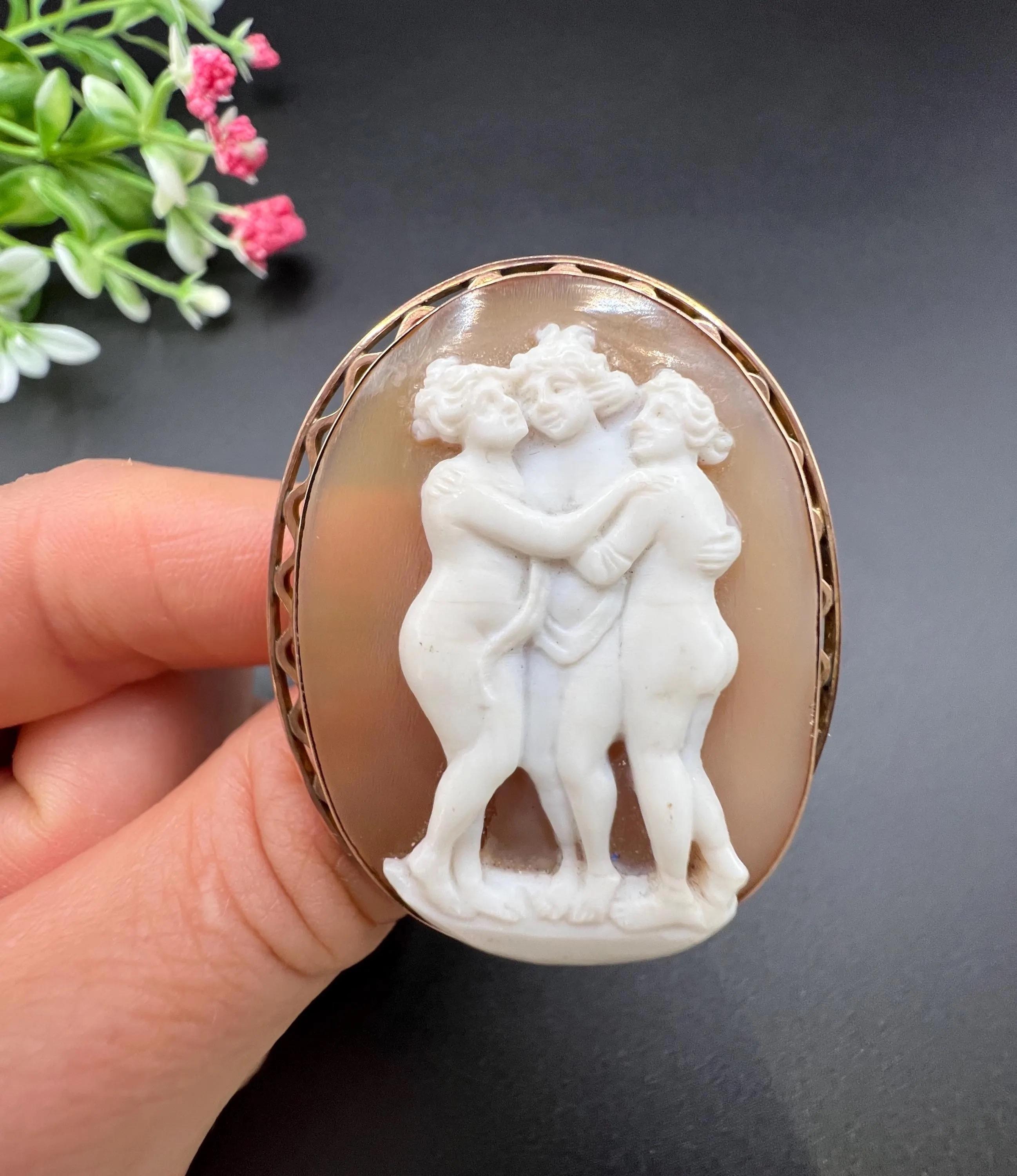 Women's or Men's Antique 9ct Rose Gold, 1920s Three Graces Shell Cameo Portrait Brooch For Sale
