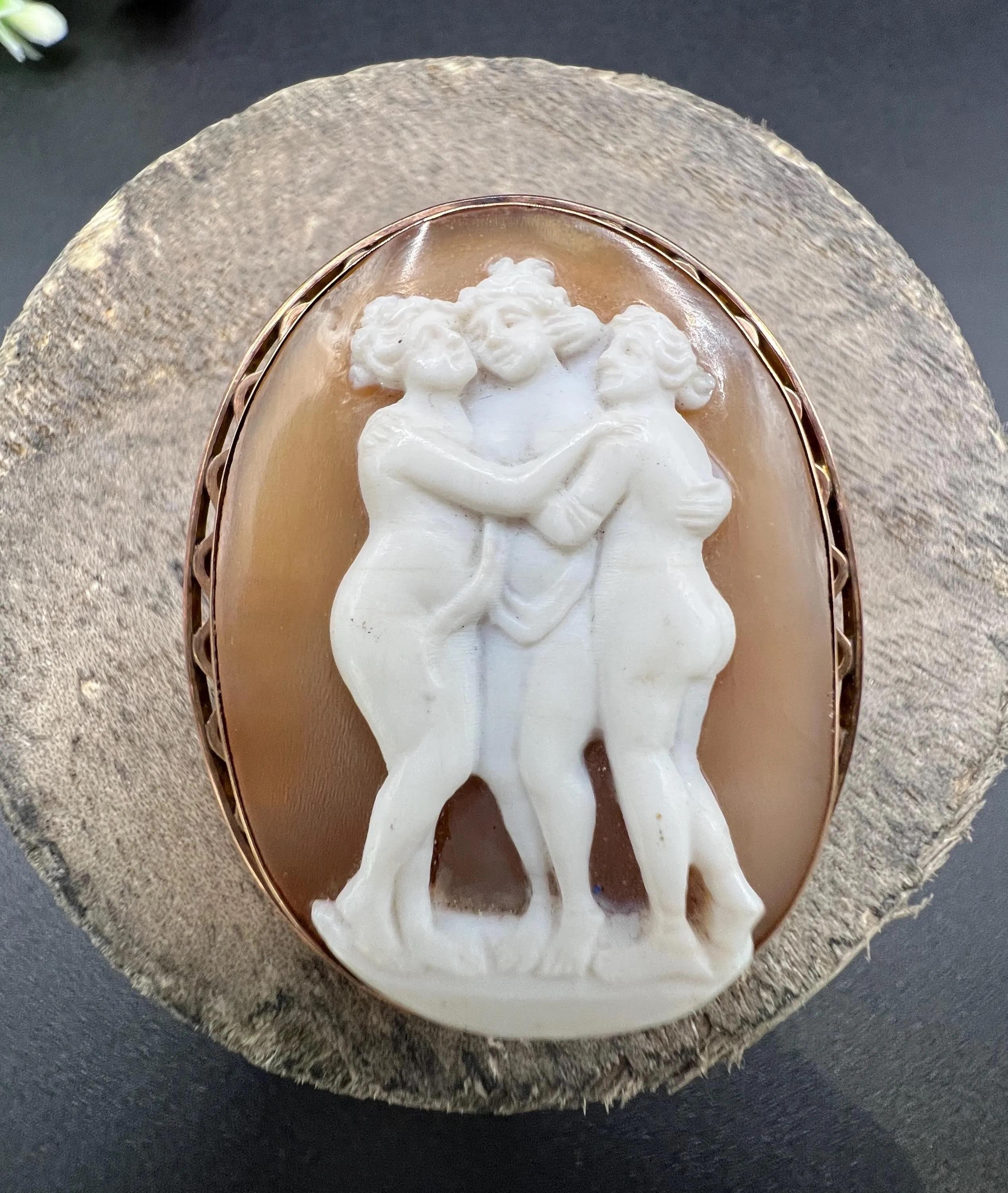 Antique 9ct Rose Gold, 1920s Three Graces Shell Cameo Portrait Brooch For Sale 2