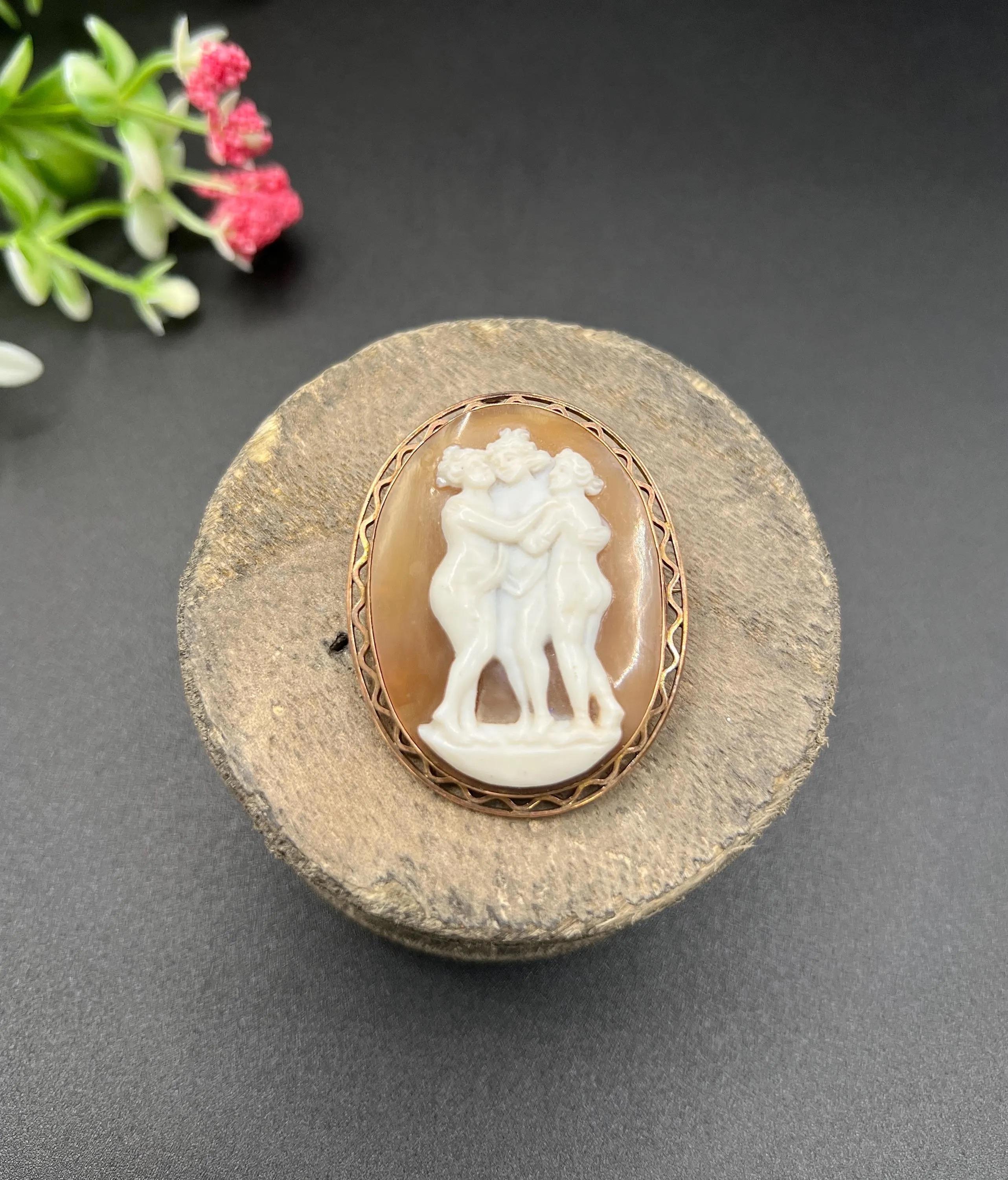 Antique 9ct Rose Gold, 1920s Three Graces Shell Cameo Portrait Brooch For Sale 4