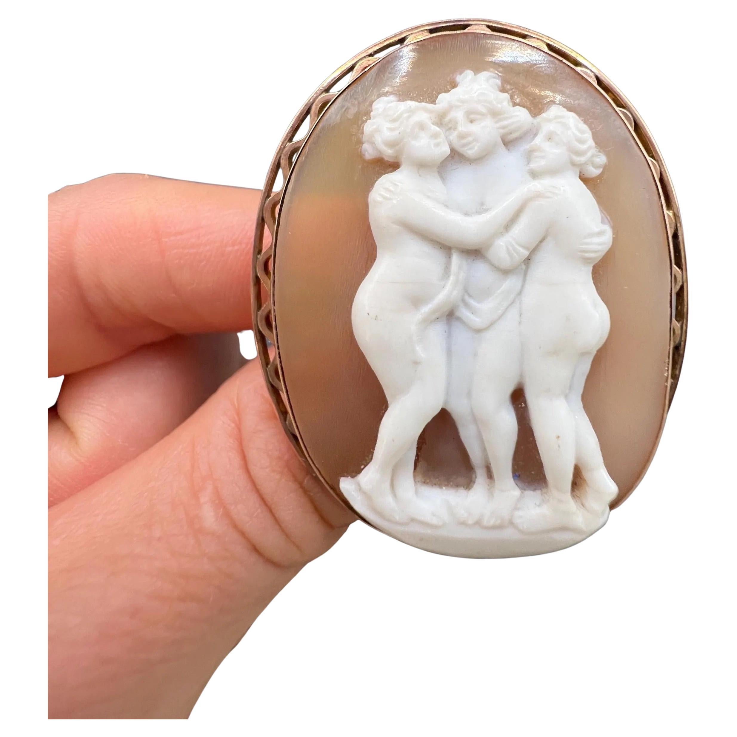 Antique 9ct Rose Gold, 1920s Three Graces Shell Cameo Portrait Brooch For Sale
