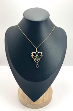 Antique 9ct Rose Gold, 1920s Tourmaline, Amethyst and Pearl Suffragette Pendent