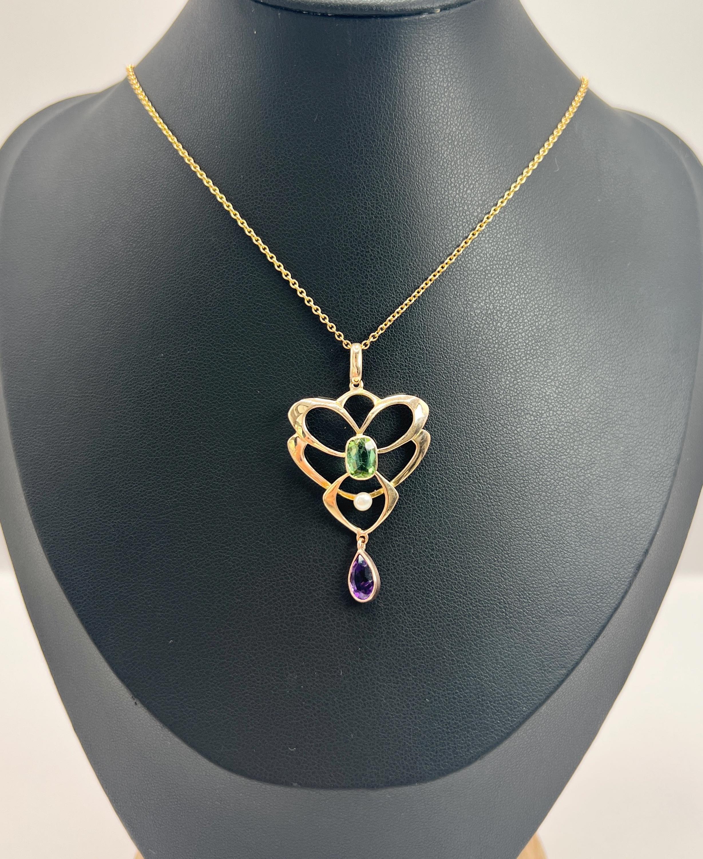 Edoardiano Antico ciondolo Suffragette in oro rosa 9ct, 1920, tormalina, ametista e perla in vendita