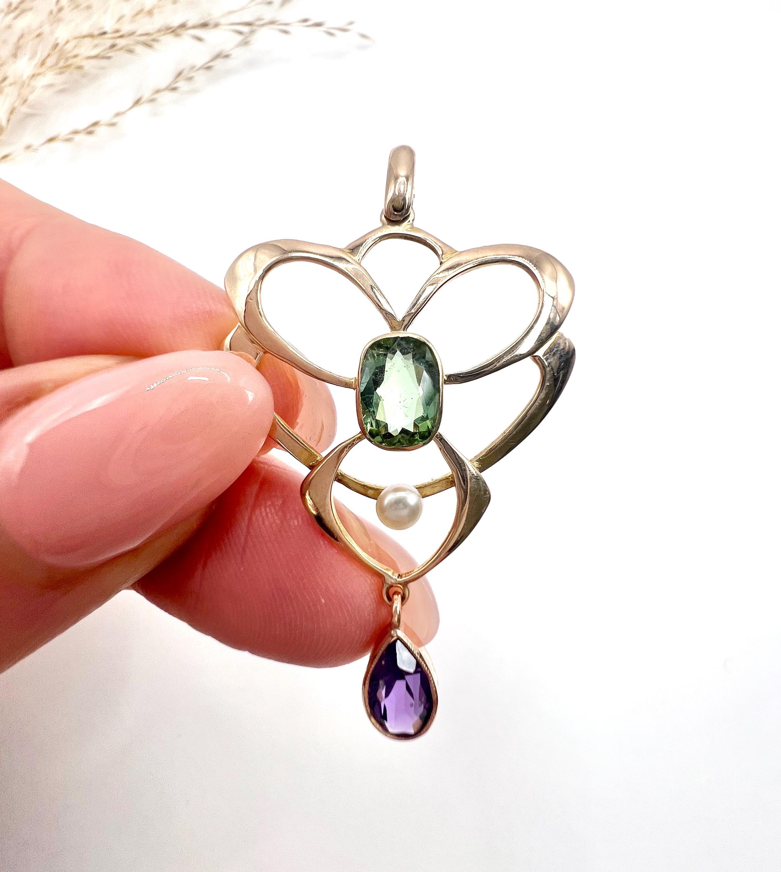 Taglio misto Antico ciondolo Suffragette in oro rosa 9ct, 1920, tormalina, ametista e perla in vendita