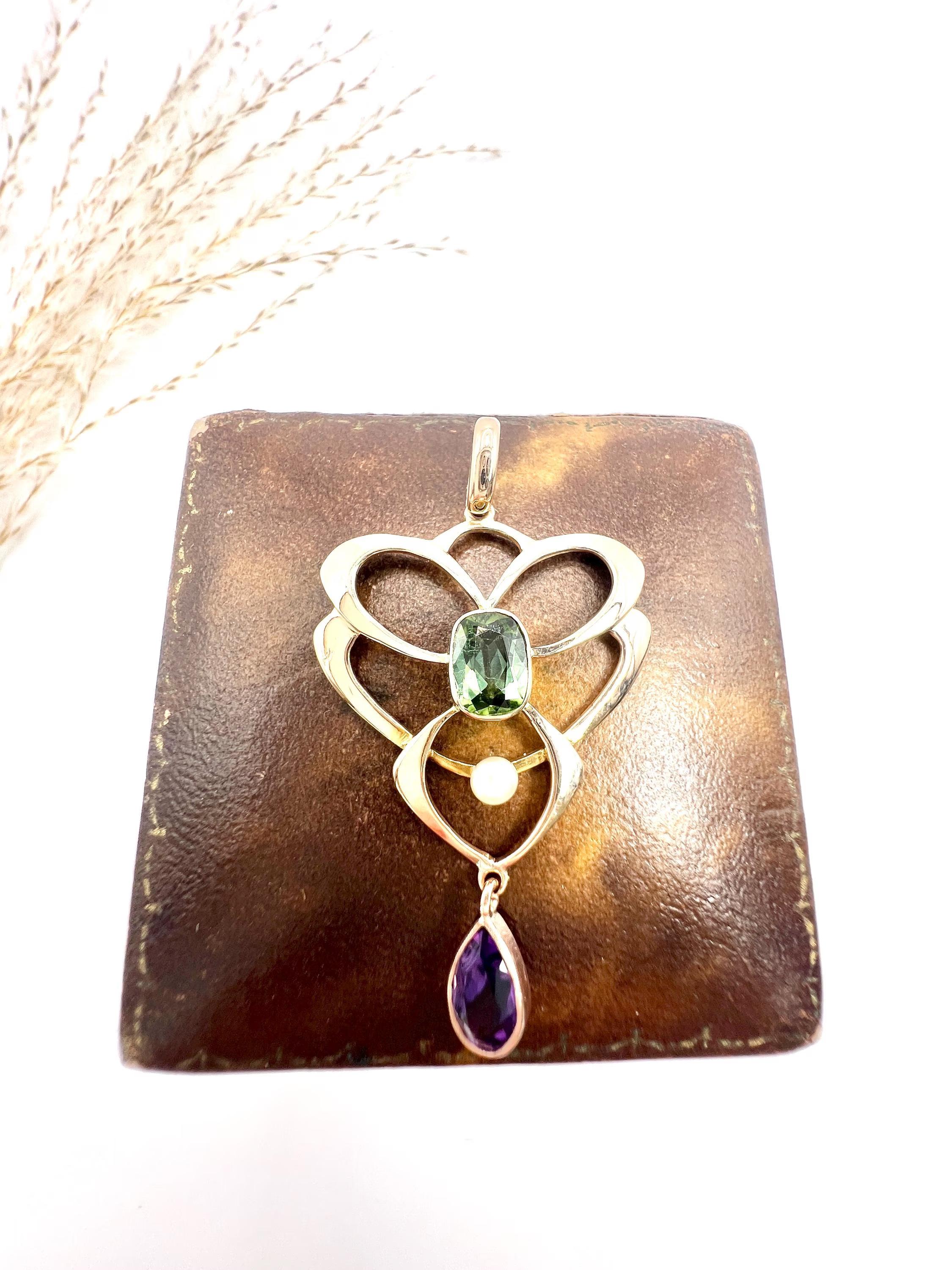 Antico ciondolo Suffragette in oro rosa 9ct, 1920, tormalina, ametista e perla in vendita 2