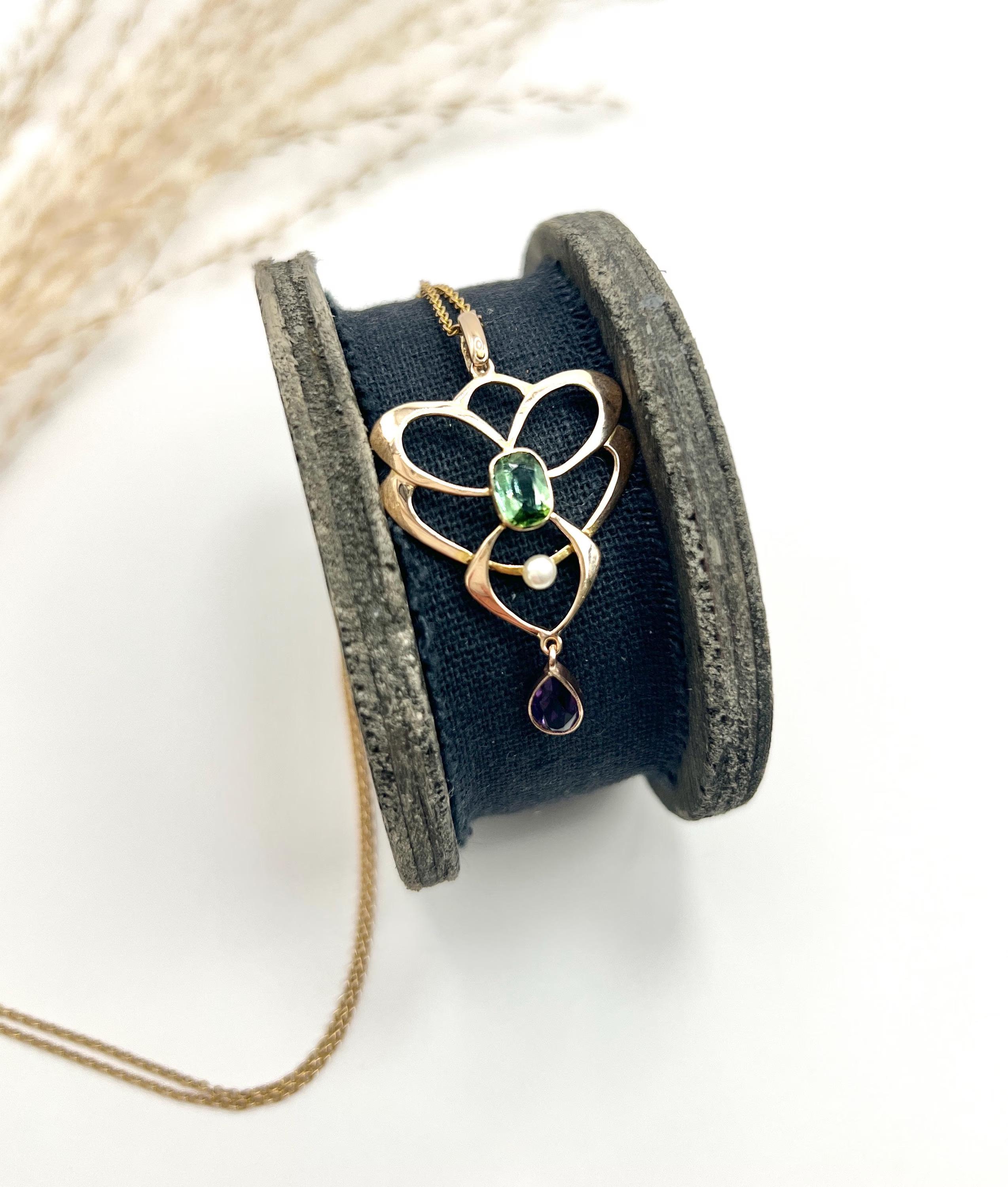 Antico ciondolo Suffragette in oro rosa 9ct, 1920, tormalina, ametista e perla in vendita 3