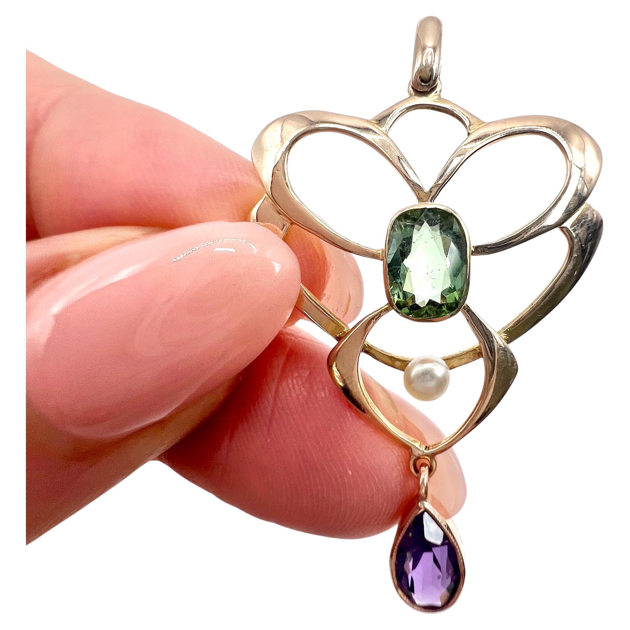 Antique 9ct Rose Gold, 1920s Tourmaline, Amethyst and Pearl Suffragette Pendent