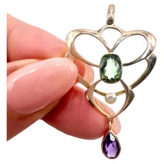 Antiguo Colgante Sufragista de Oro Rosa de 9 ct, Turmalina, Amatista y Perla de los años 20