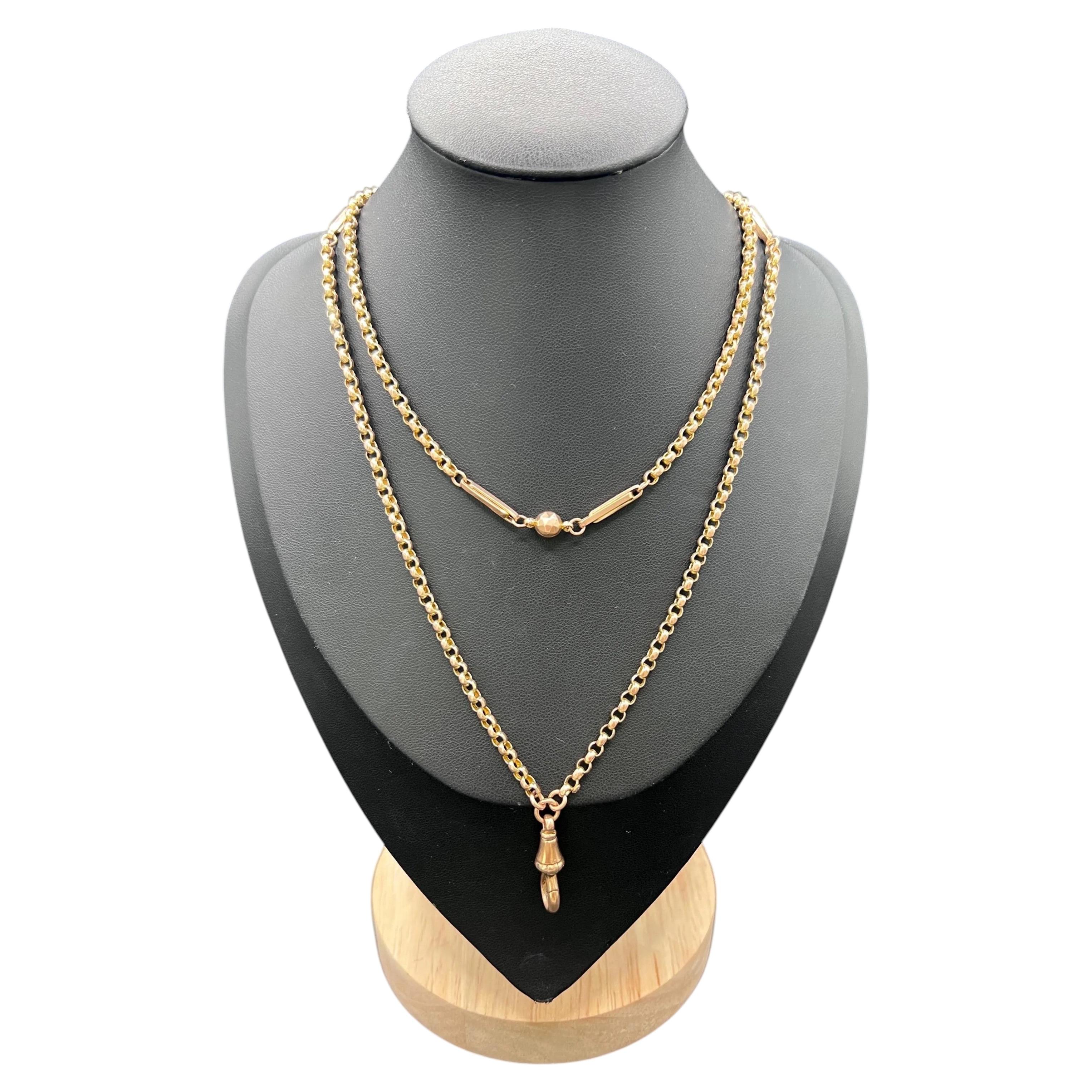 Cadena eduardiana antigua de 30 pulgadas, de oro rosa de 9 quilates, con eslabones tipo «paperclip» y «ball belcher»