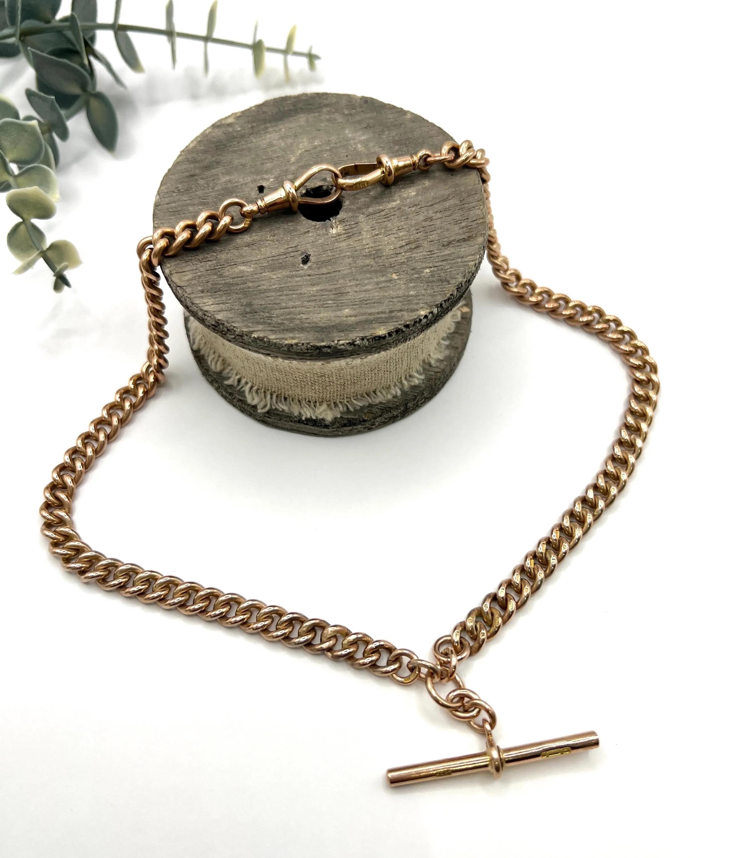 Antica collana a catena Albert in oro rosa 9ct A Link con marchio Birmingham 1918 In condizioni buone in vendita a Brighton, GB