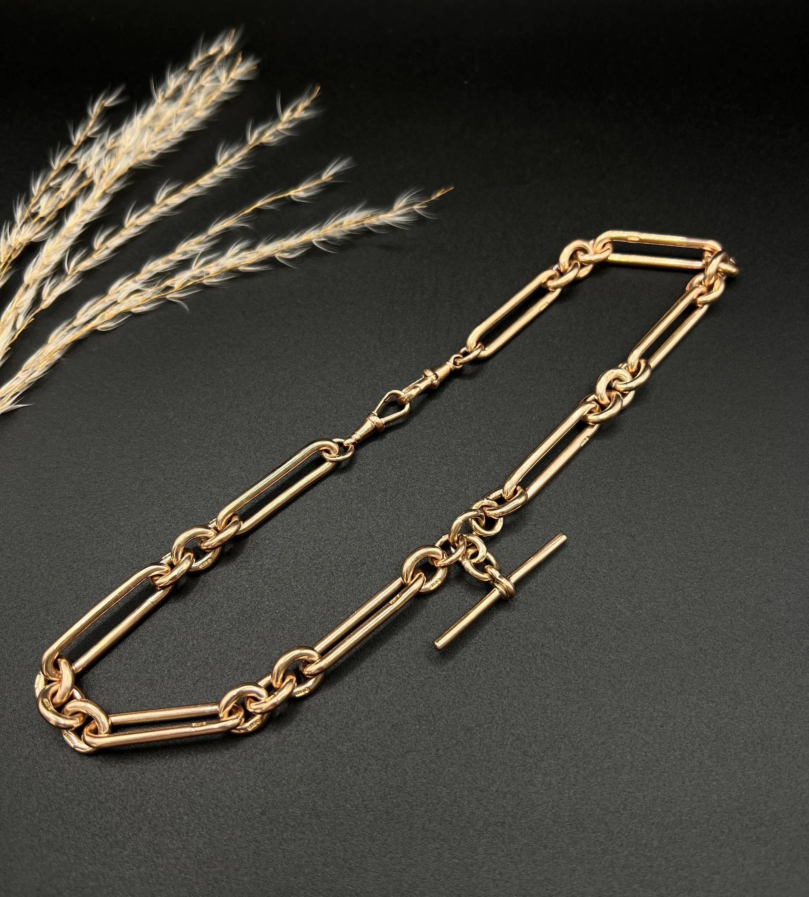 Antique 9ct Rose Gold Albert Chain Necklace: Edwardian Fetter Trombone Link For Sale 6