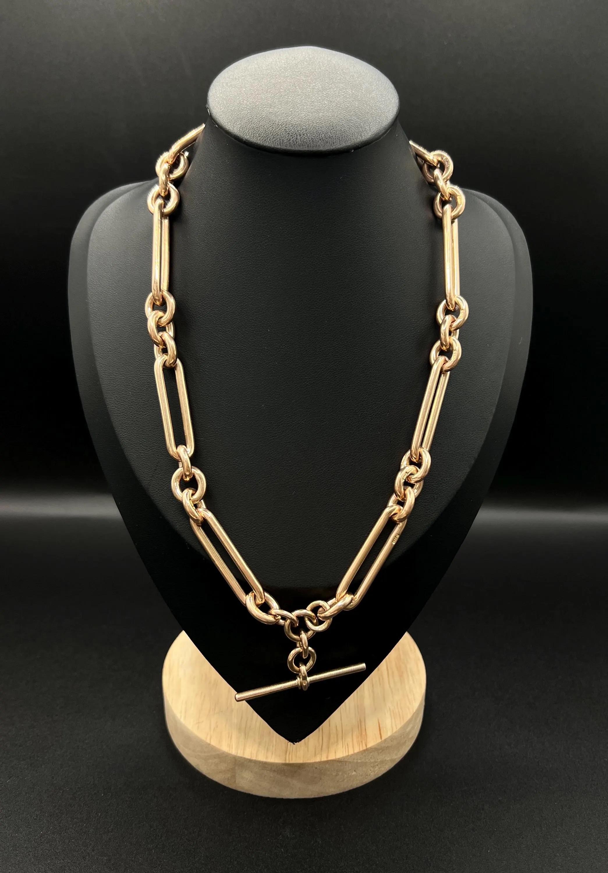 Antique Albert Chain

9ct Rose Gold Stamped

Circa 1900

Discover the elegance of our exquisite 9ct rose gold Edwardian era Albert chain. This fabulous fetter and trombone link necklace showcases a harmonious blend of craftsmanship and timeless