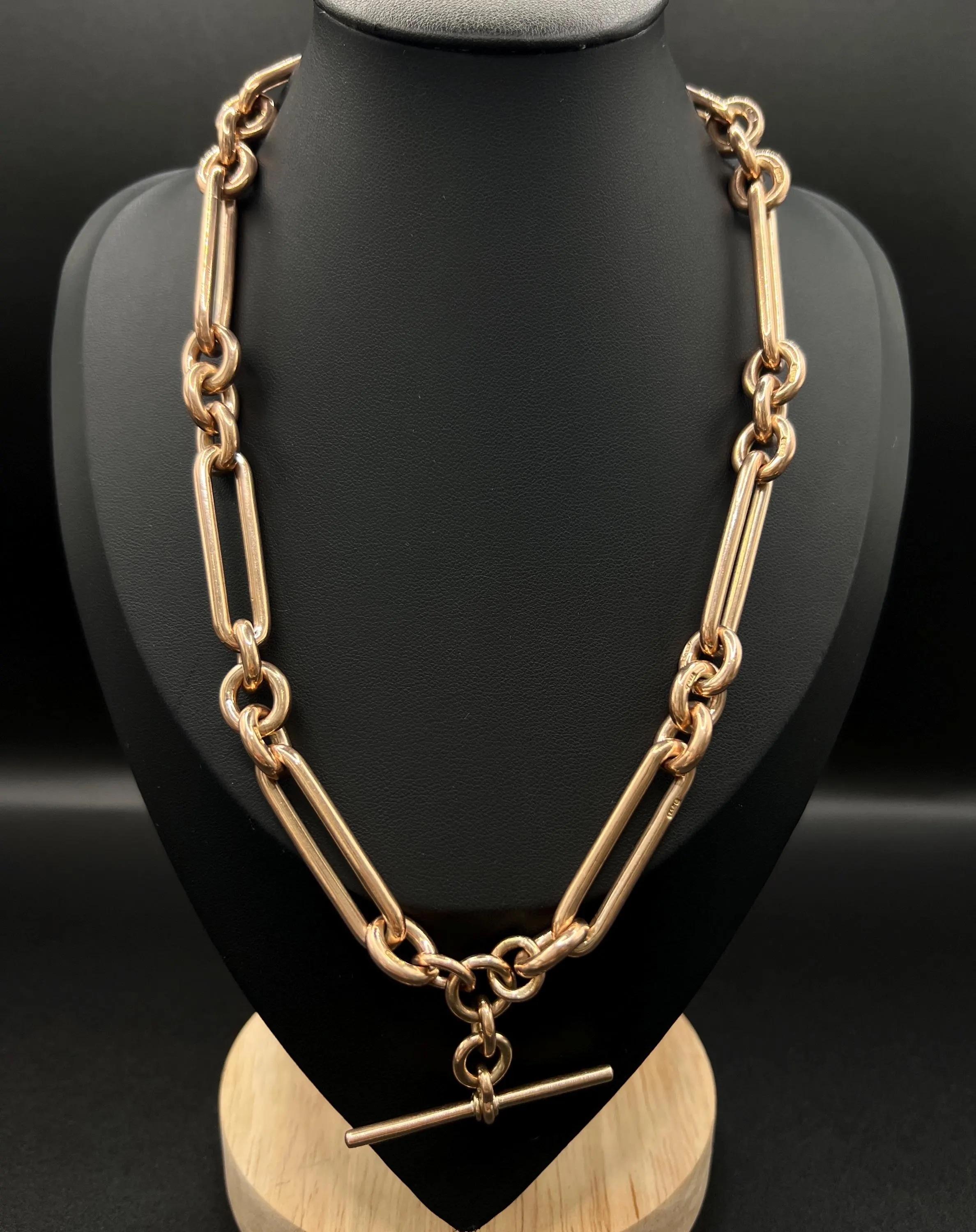 Antique 9ct Rose Gold Albert Chain Necklace: Edwardian Fetter Trombone Link In Good Condition For Sale In Brighton, GB