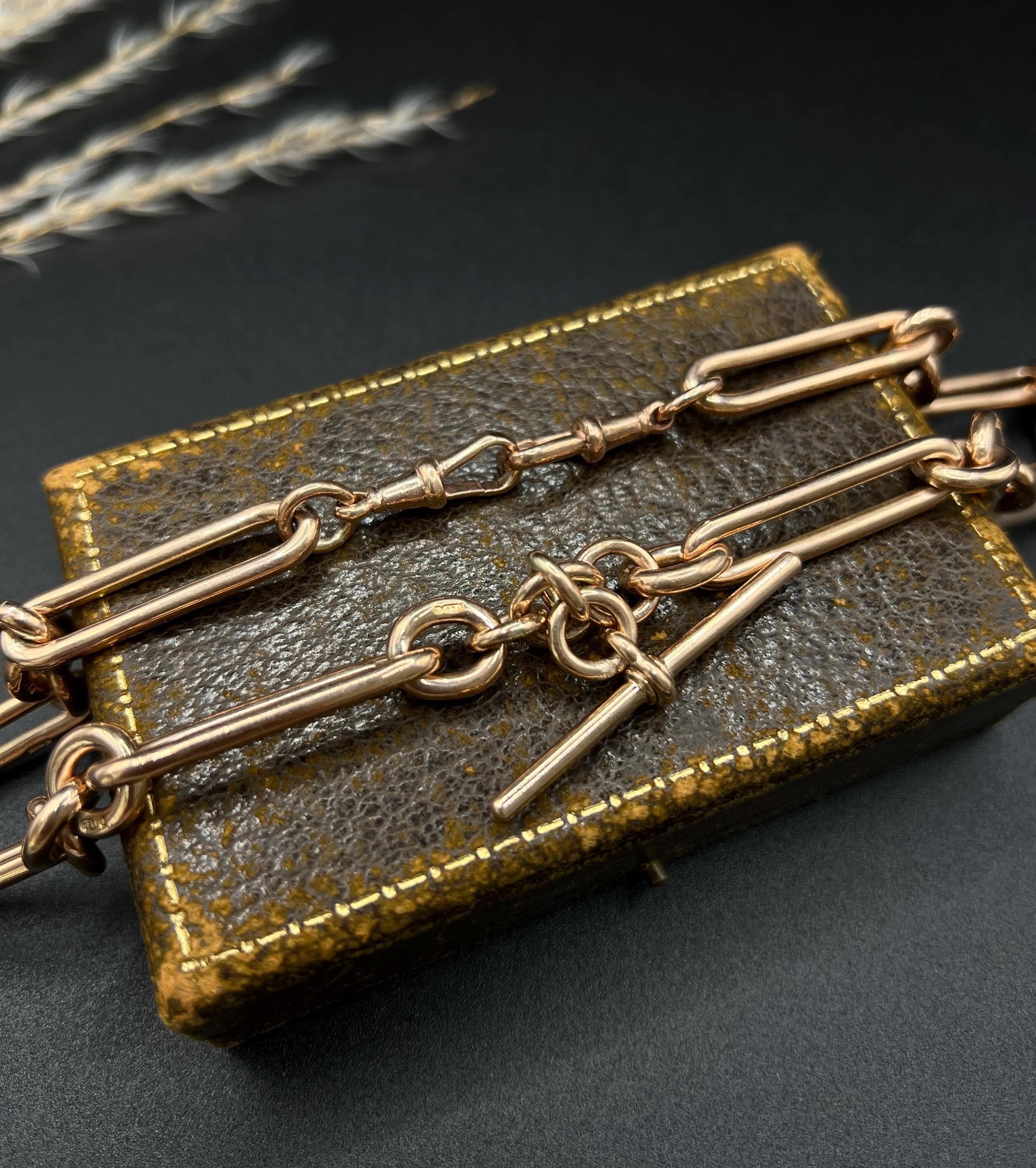 Women's or Men's Antique 9ct Rose Gold Albert Chain Necklace: Edwardian Fetter Trombone Link For Sale