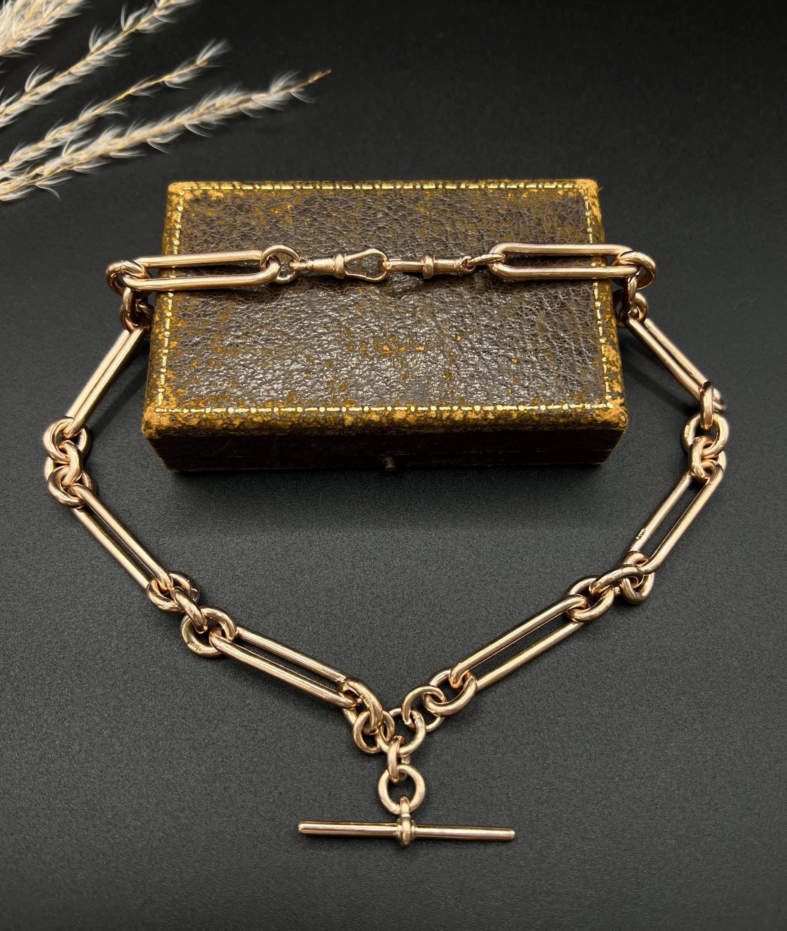 Antique 9ct Rose Gold Albert Chain Necklace: Edwardian Fetter Trombone Link For Sale 1