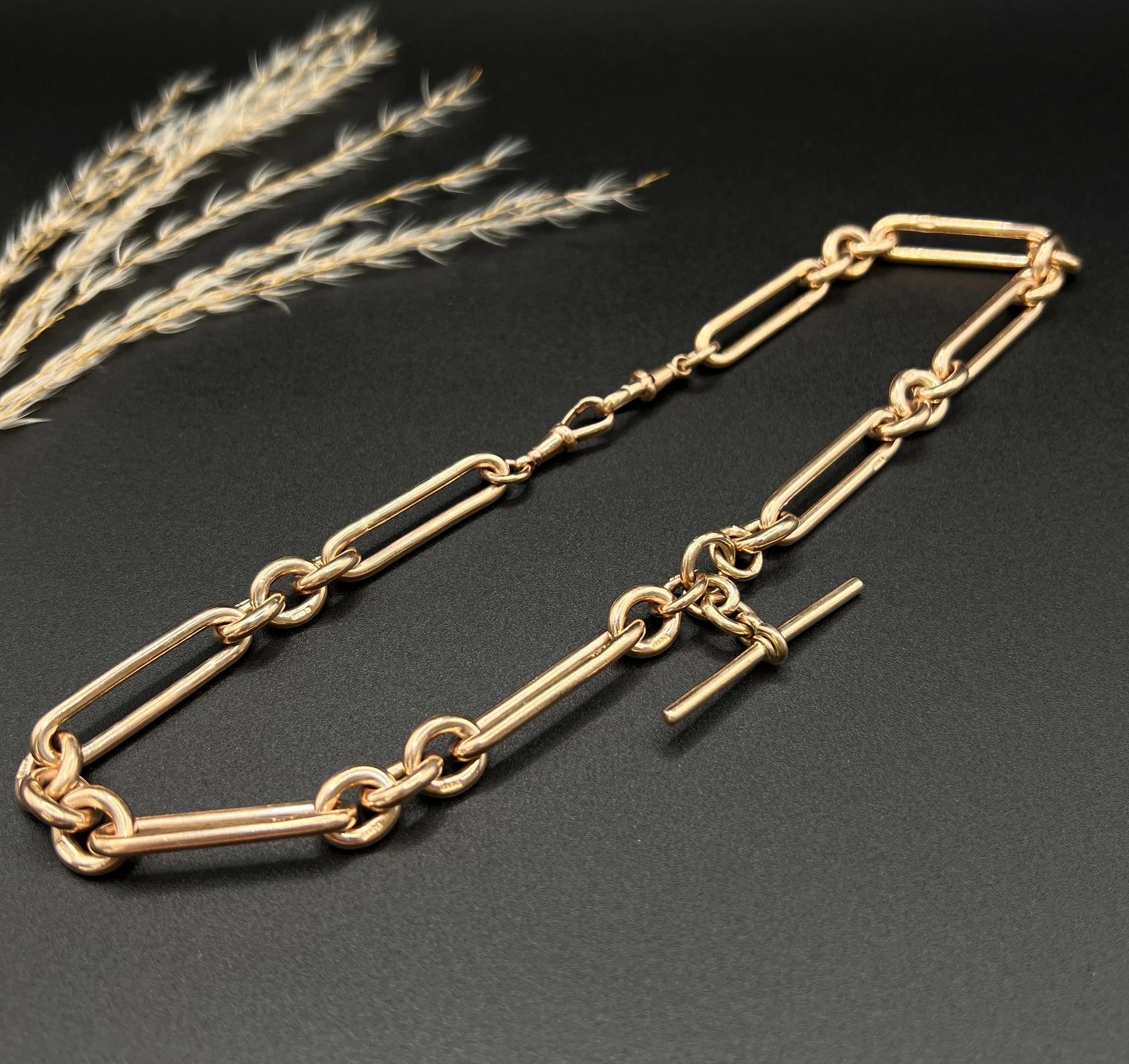 Antique 9ct Rose Gold Albert Chain Necklace: Edwardian Fetter Trombone Link For Sale 2