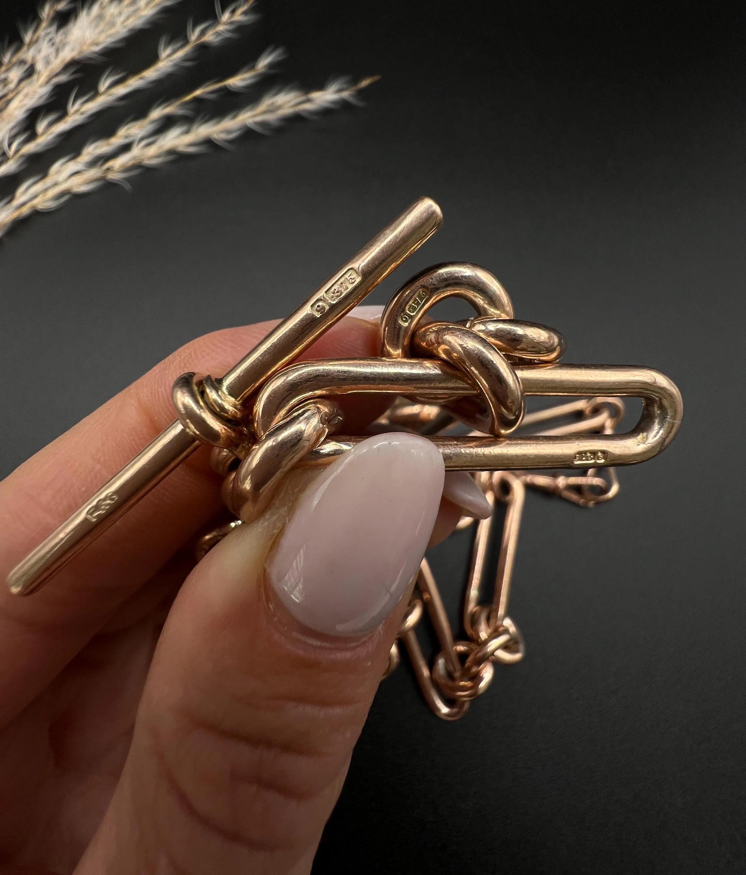 Antique 9ct Rose Gold Albert Chain Necklace: Edwardian Fetter Trombone Link For Sale 3