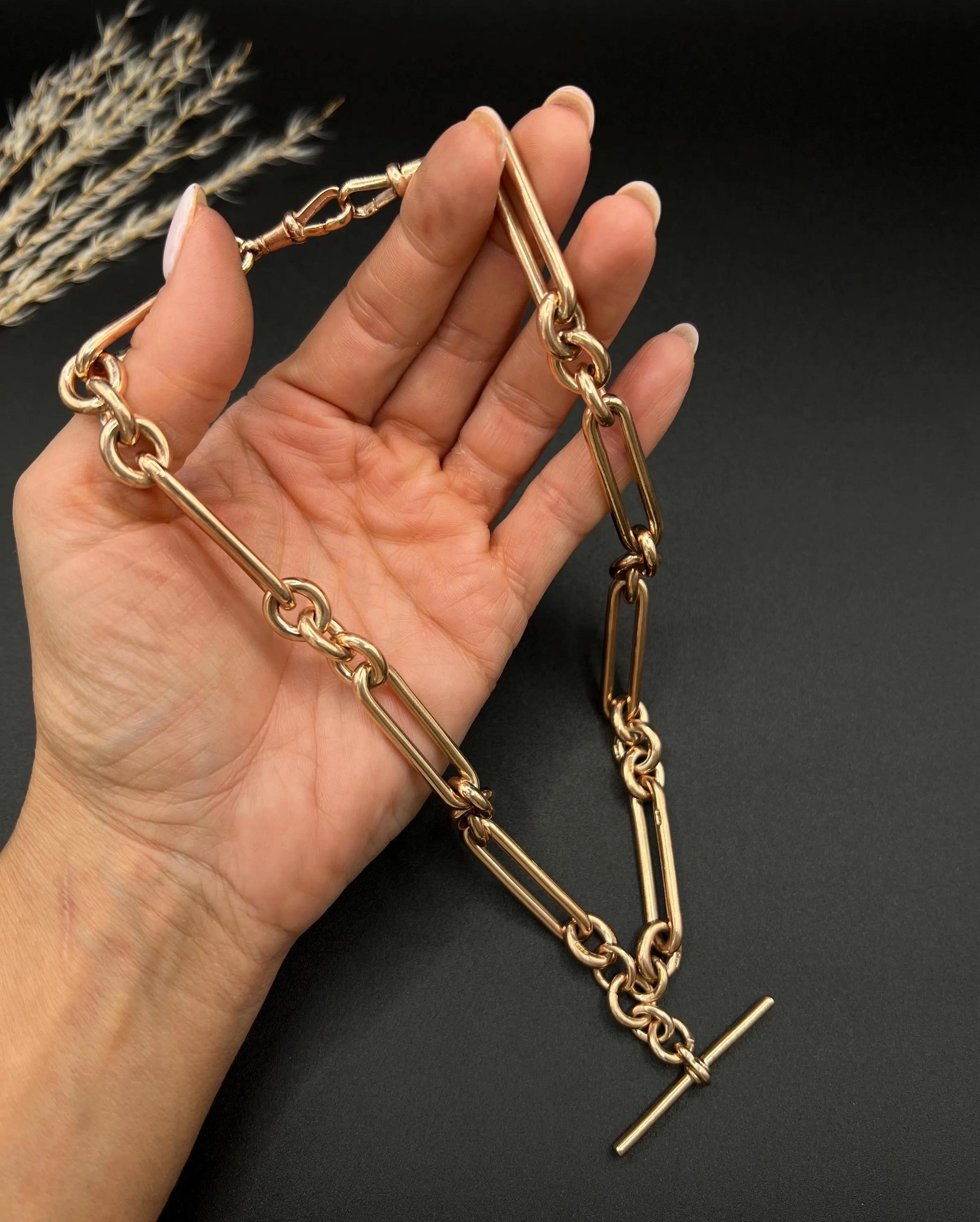 Antique 9ct Rose Gold Albert Chain Necklace: Edwardian Fetter Trombone Link For Sale 4