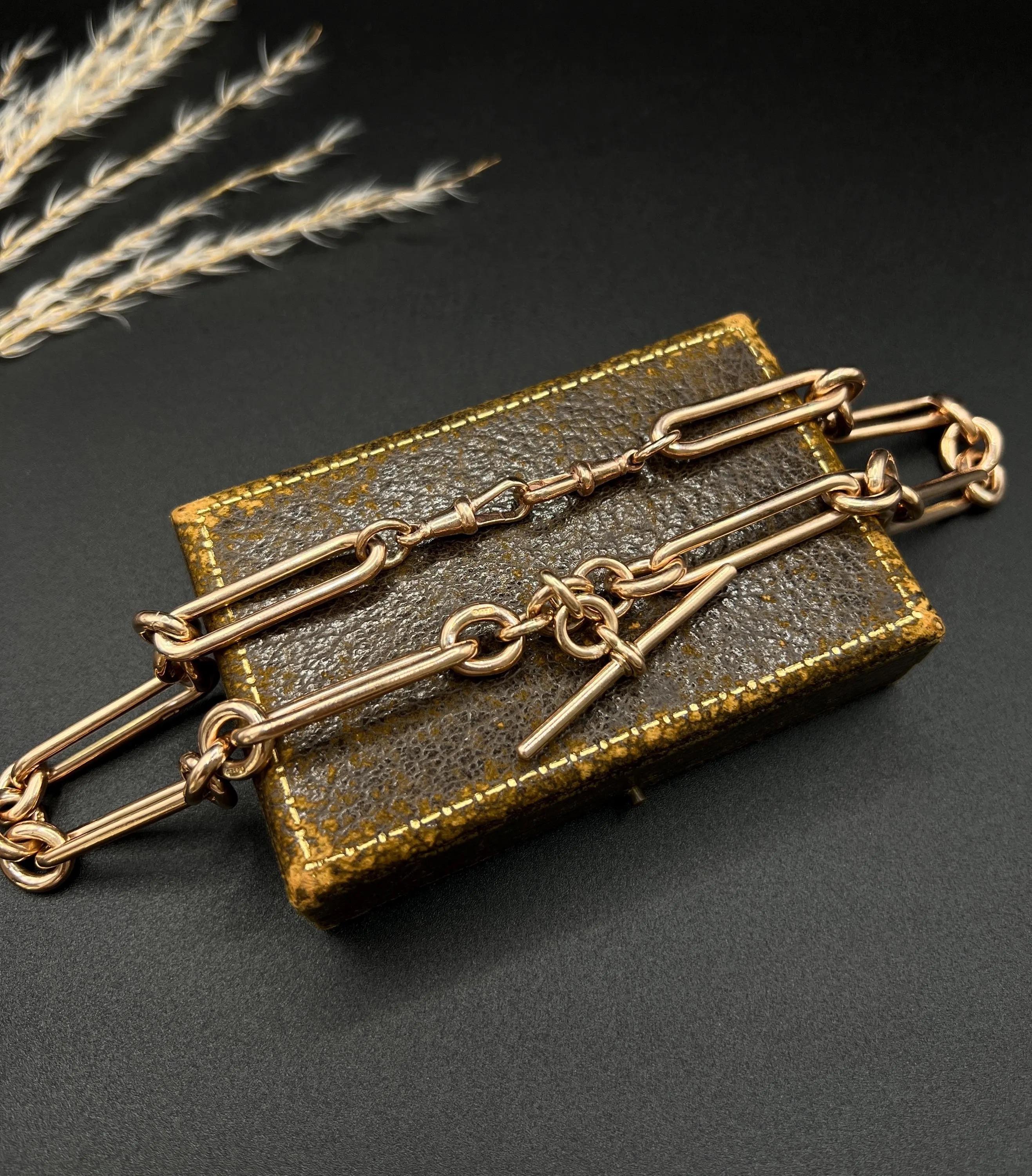 Antique 9ct Rose Gold Albert Chain Necklace: Edwardian Fetter Trombone Link For Sale 5