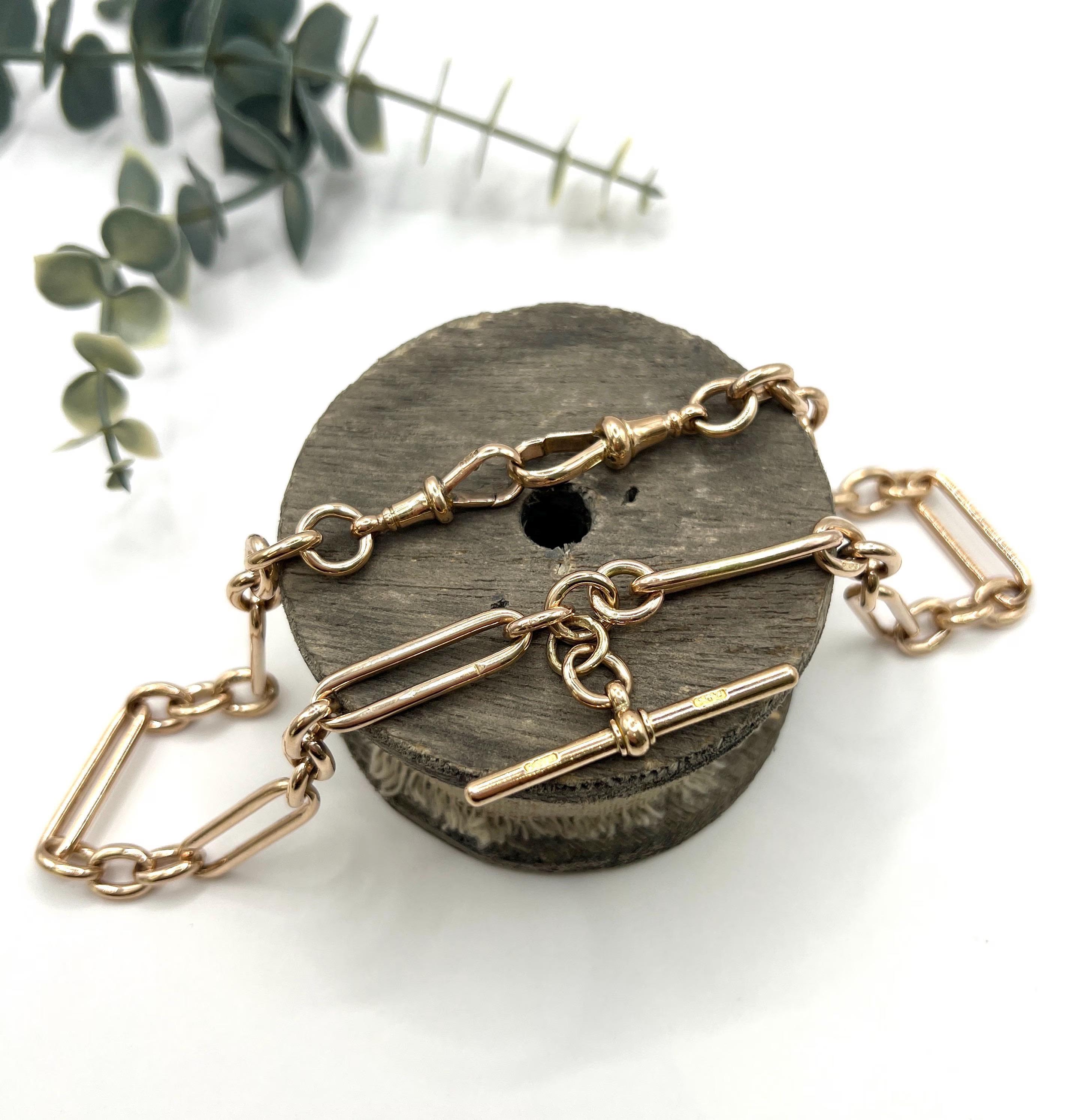 Antiguo collar de cadena Albert Gold de oro rosa de 9 ct, Hallmarked Birmingham 1897 en Bueno estado para la venta en Brighton, GB