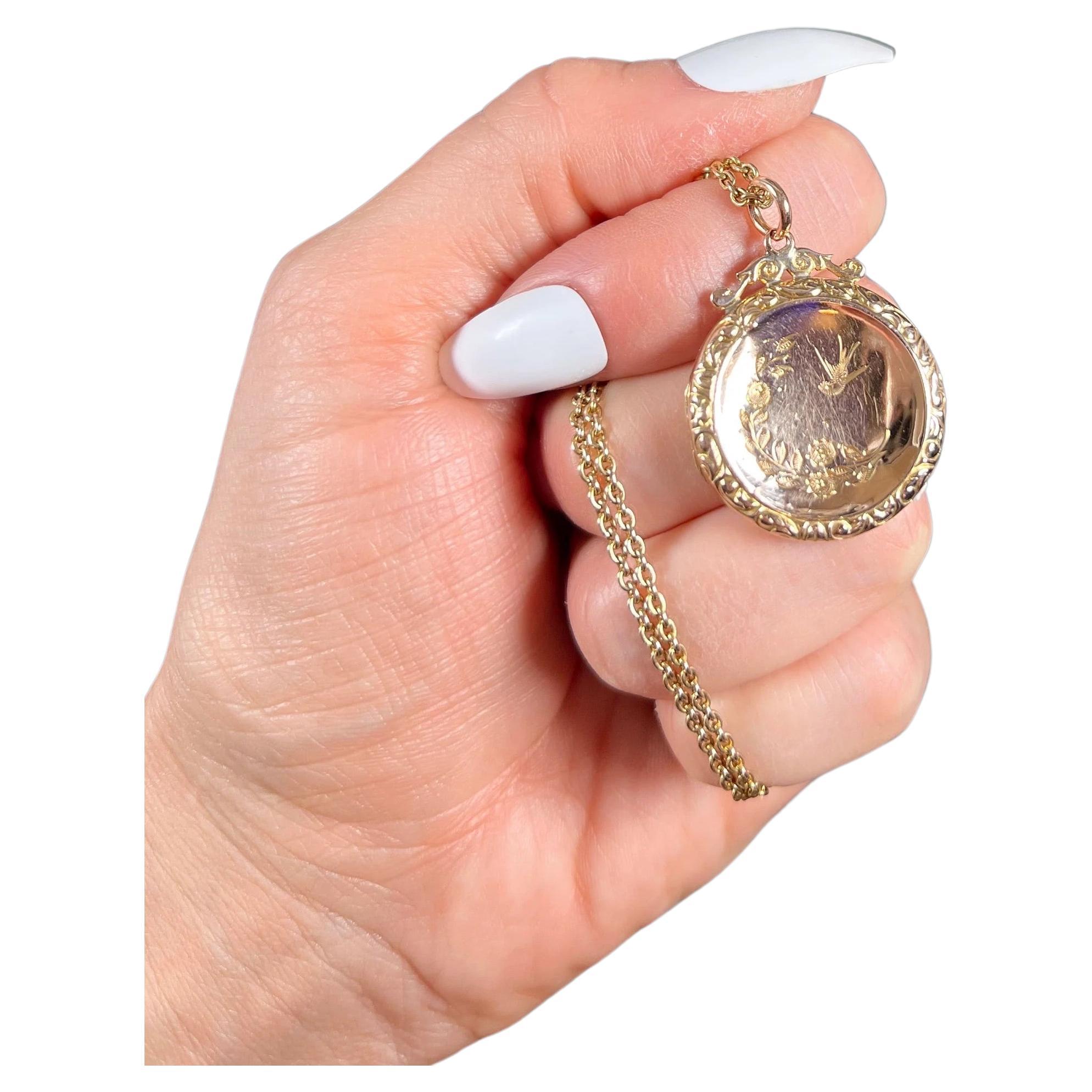 Antique 9ct Rose Gold Back & Front Victorian Round Swallow Locket For Sale