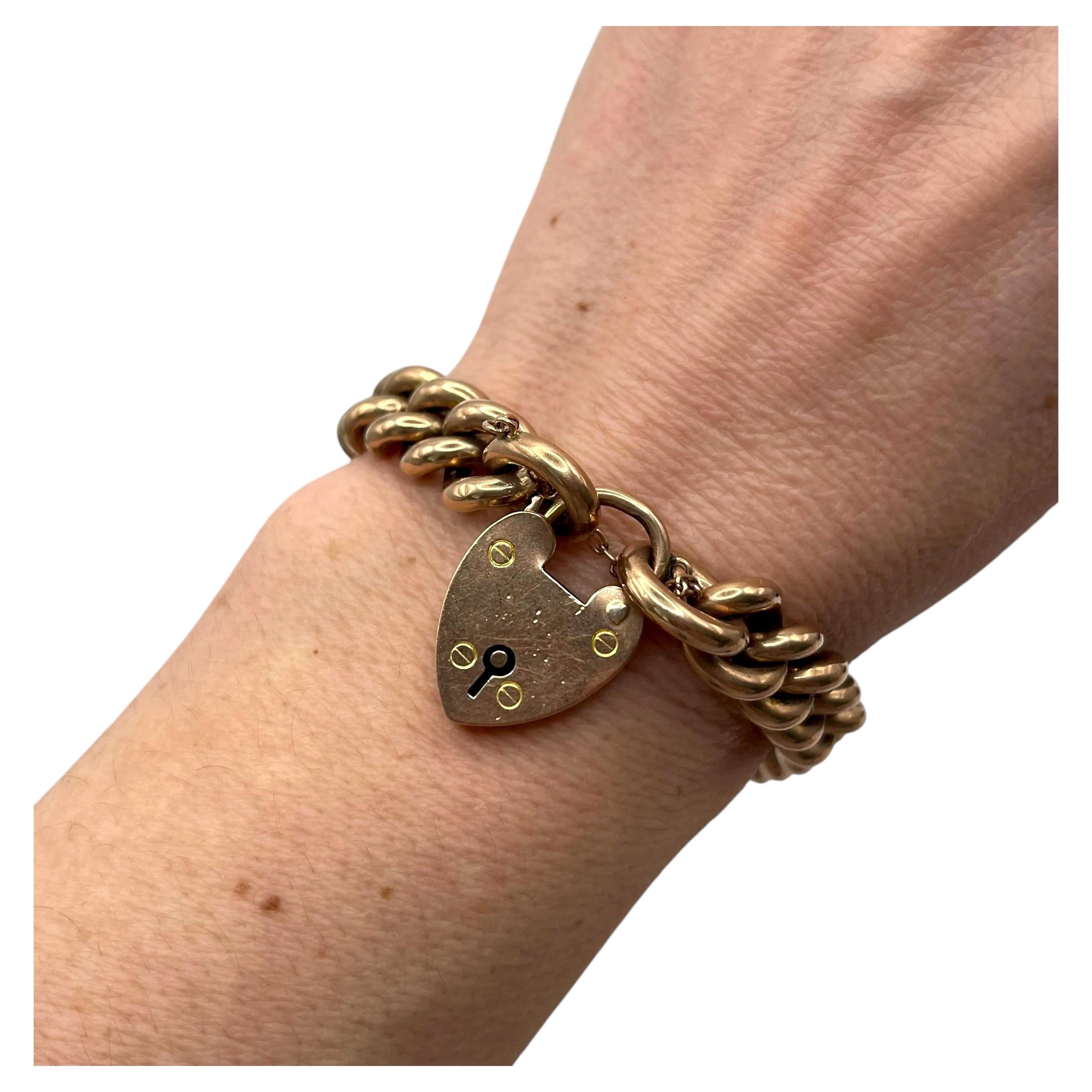 Antike 9ct Rose Gold Kandare Armband: Edwardianisches Herz-Vorhängeschloss im Angebot