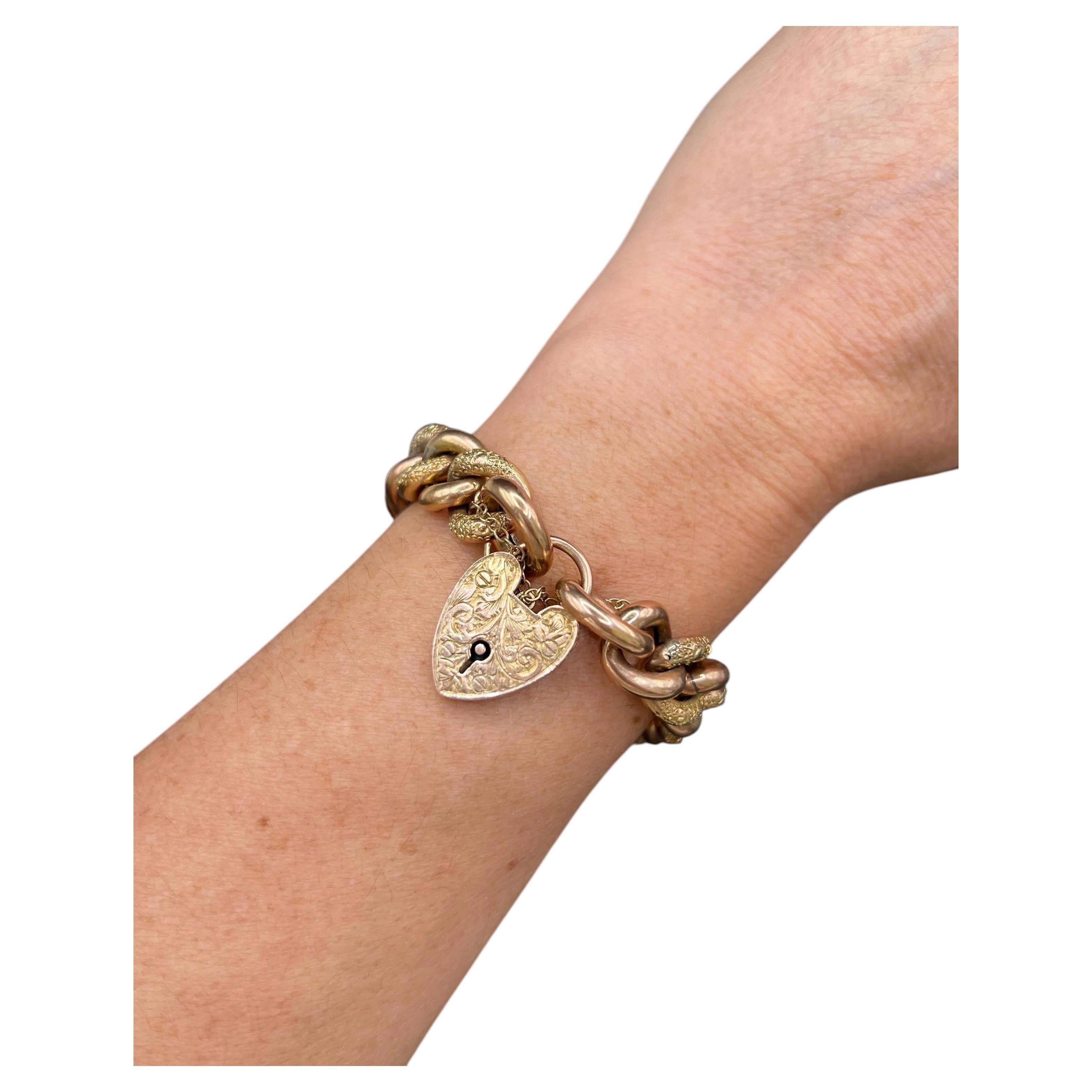 Bracelet antique en or rose 9 carats à maillons gourmette, orné d'un cadenas victorien en forme de cœur « Night & Day »