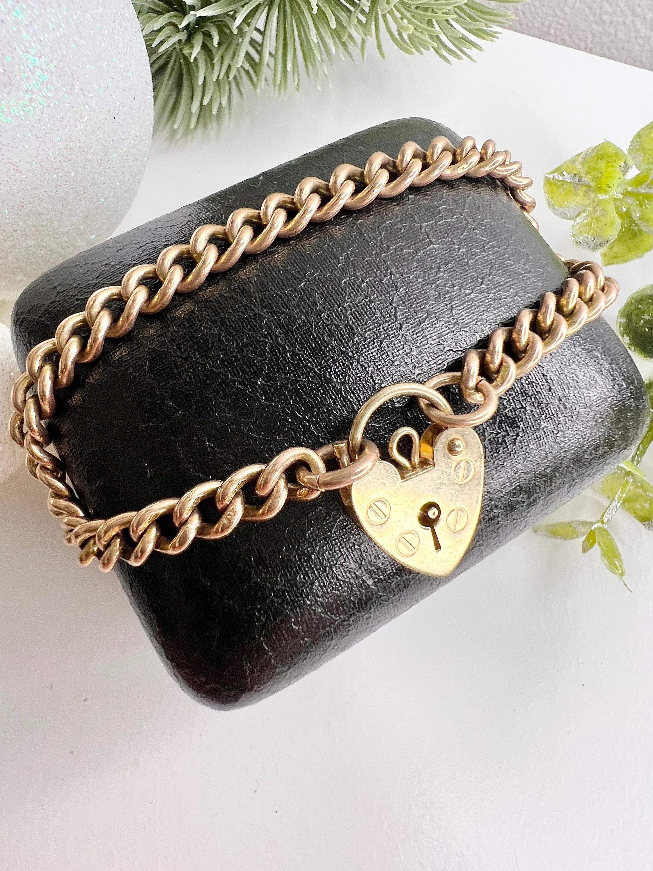 Antique 9ct Rose Gold Curb Link Heart Padlock Bracelet For Sale 2