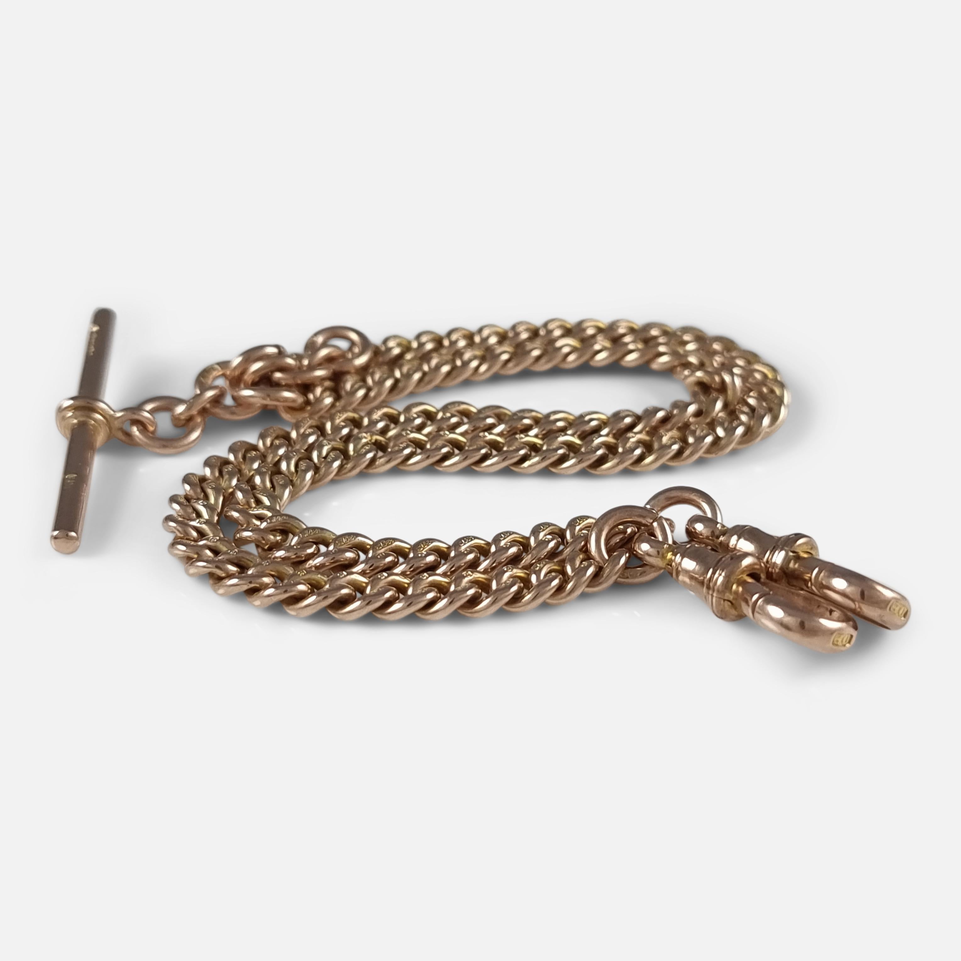 George V Antique 9ct Rose Gold Double Albert Watch Chain, 1922 For Sale