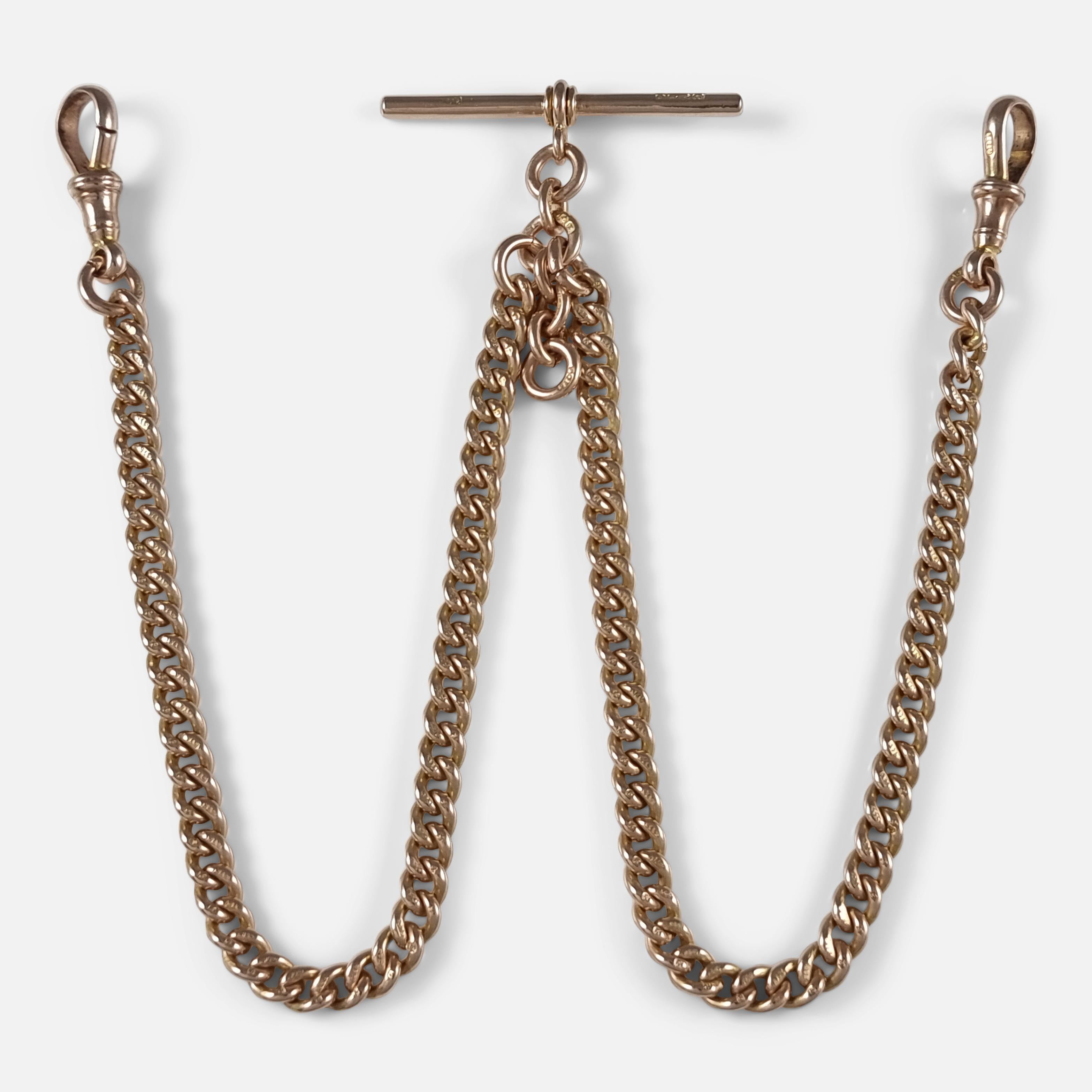 Antique 9ct Rose Gold Double Albert Watch Chain, 1922 In Good Condition For Sale In Glasgow, GB