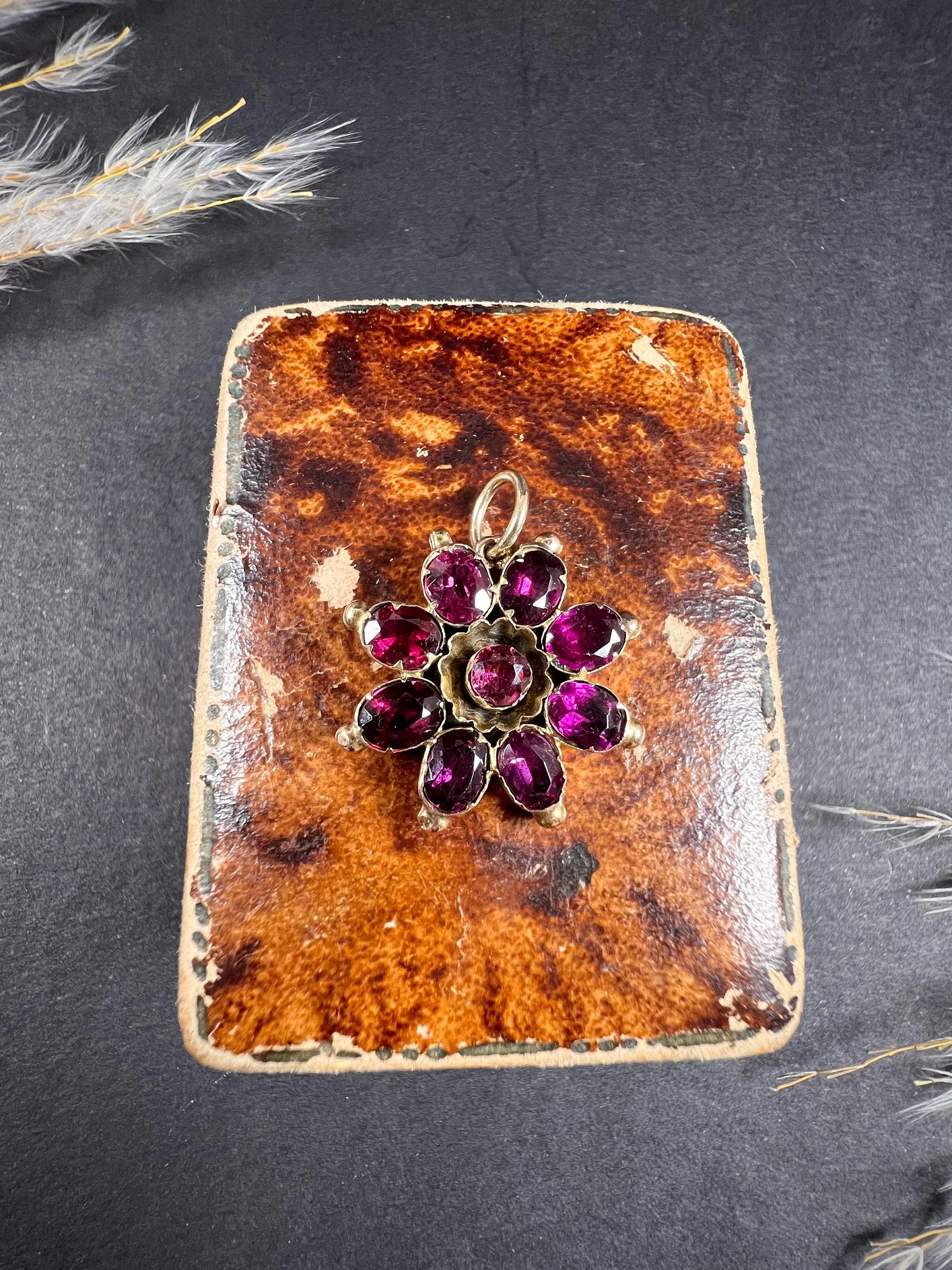 Old European Cut Antique 9ct Rose Gold, Early Victorian Almandine Garnet Floral Pendant For Sale