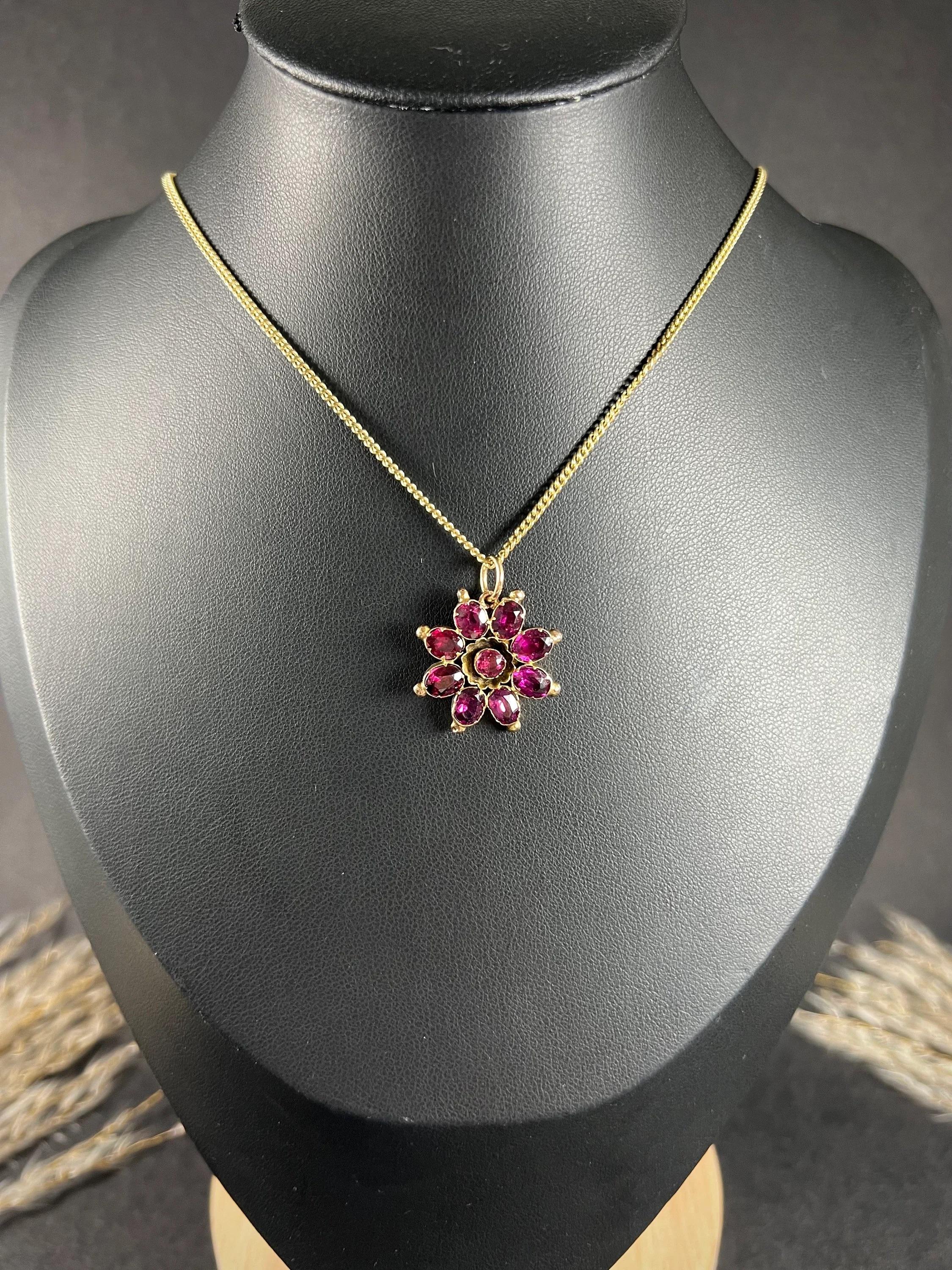 Women's or Men's Antique 9ct Rose Gold, Early Victorian Almandine Garnet Floral Pendant For Sale