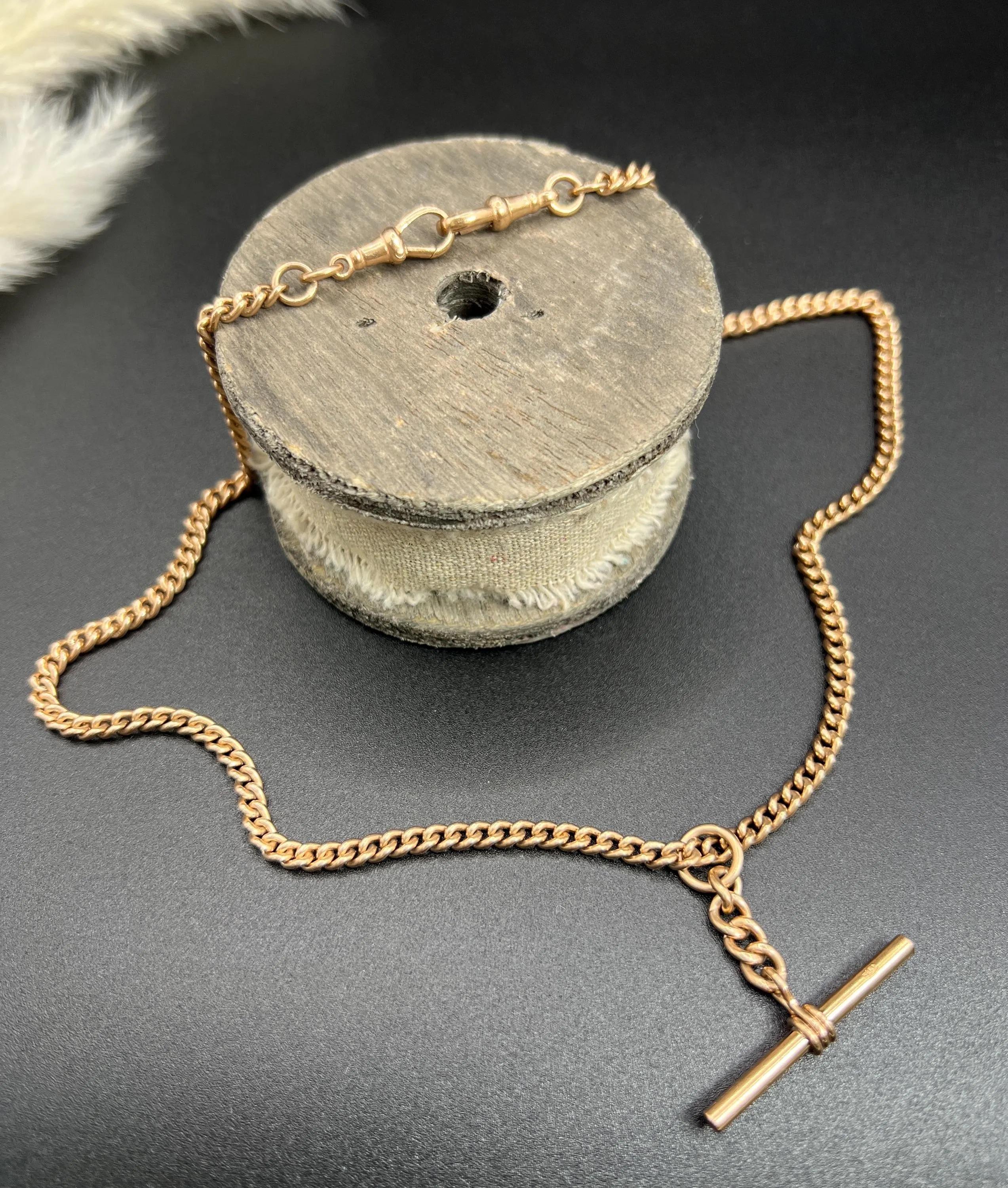 Chaîne Albert édouardienne ancienne en or rose 9 carats, maillons courbes de 19 1/2 pouces avec barre en T 5