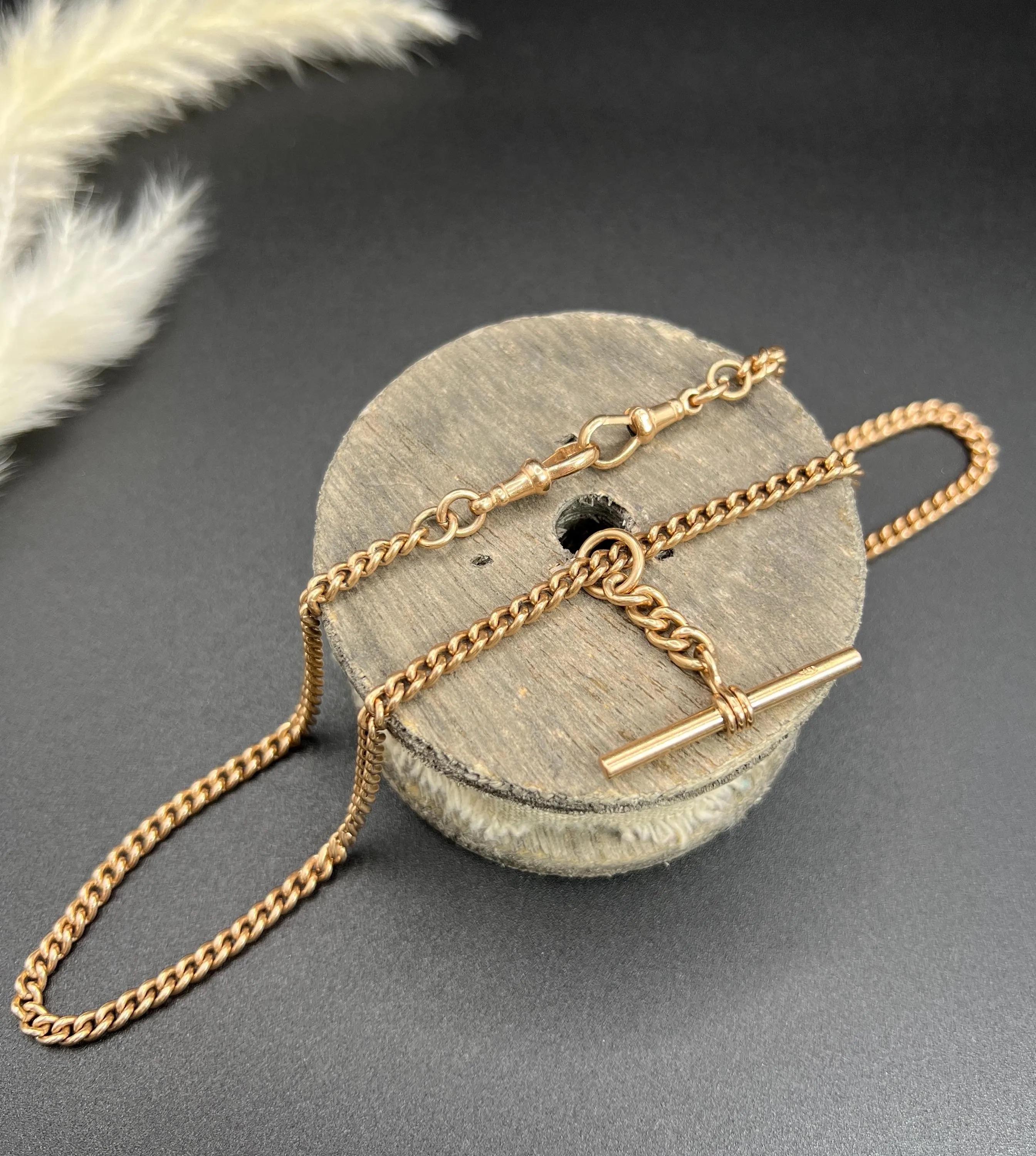 Chaîne Albert édouardienne ancienne en or rose 9 carats, maillons courbes de 19 1/2 pouces avec barre en T 6
