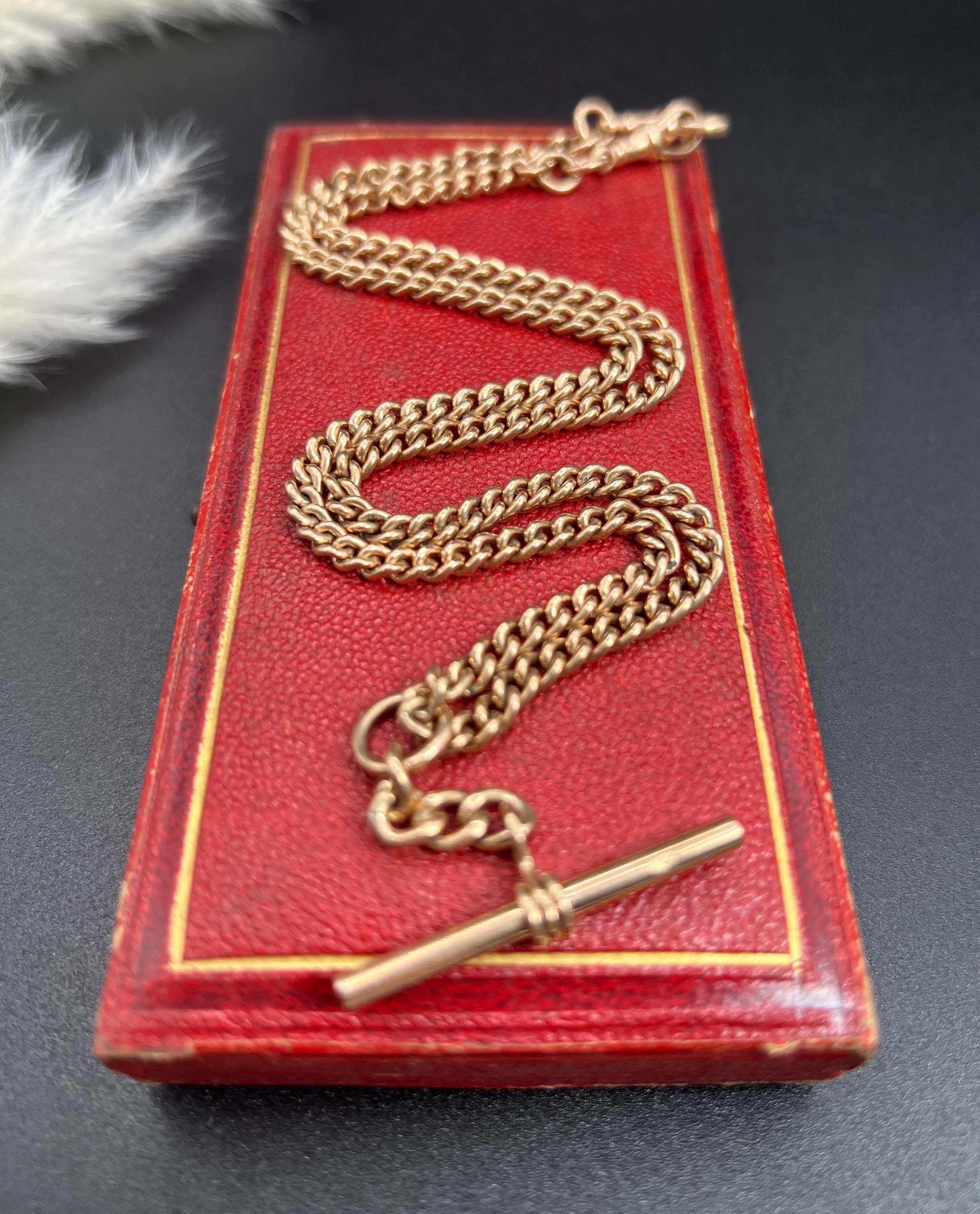 Chaîne Albert édouardienne ancienne en or rose 9 carats, maillons courbes de 19 1/2 pouces avec barre en T 7