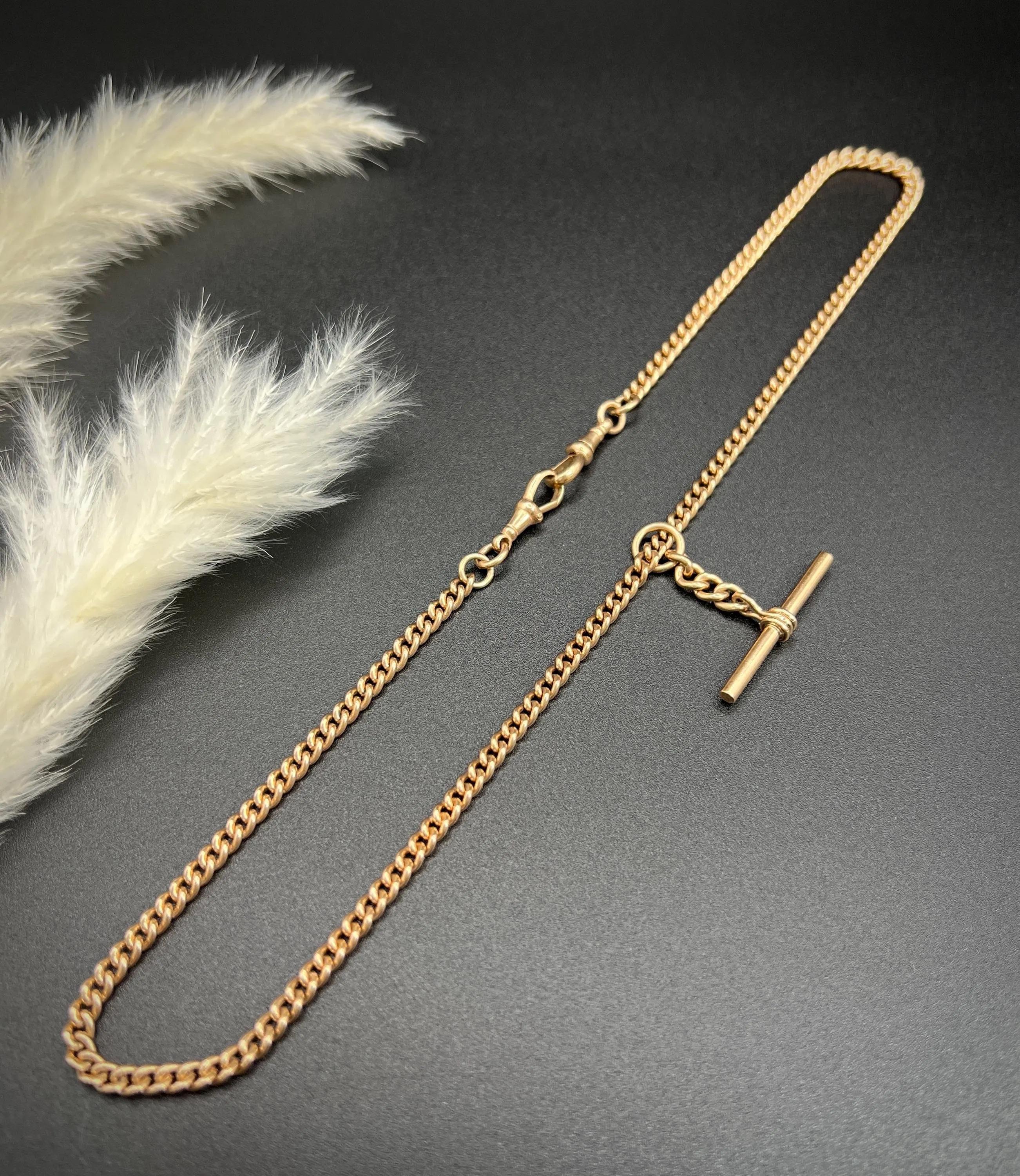 Chaîne Albert édouardienne ancienne en or rose 9 carats, maillons courbes de 19 1/2 pouces avec barre en T 4