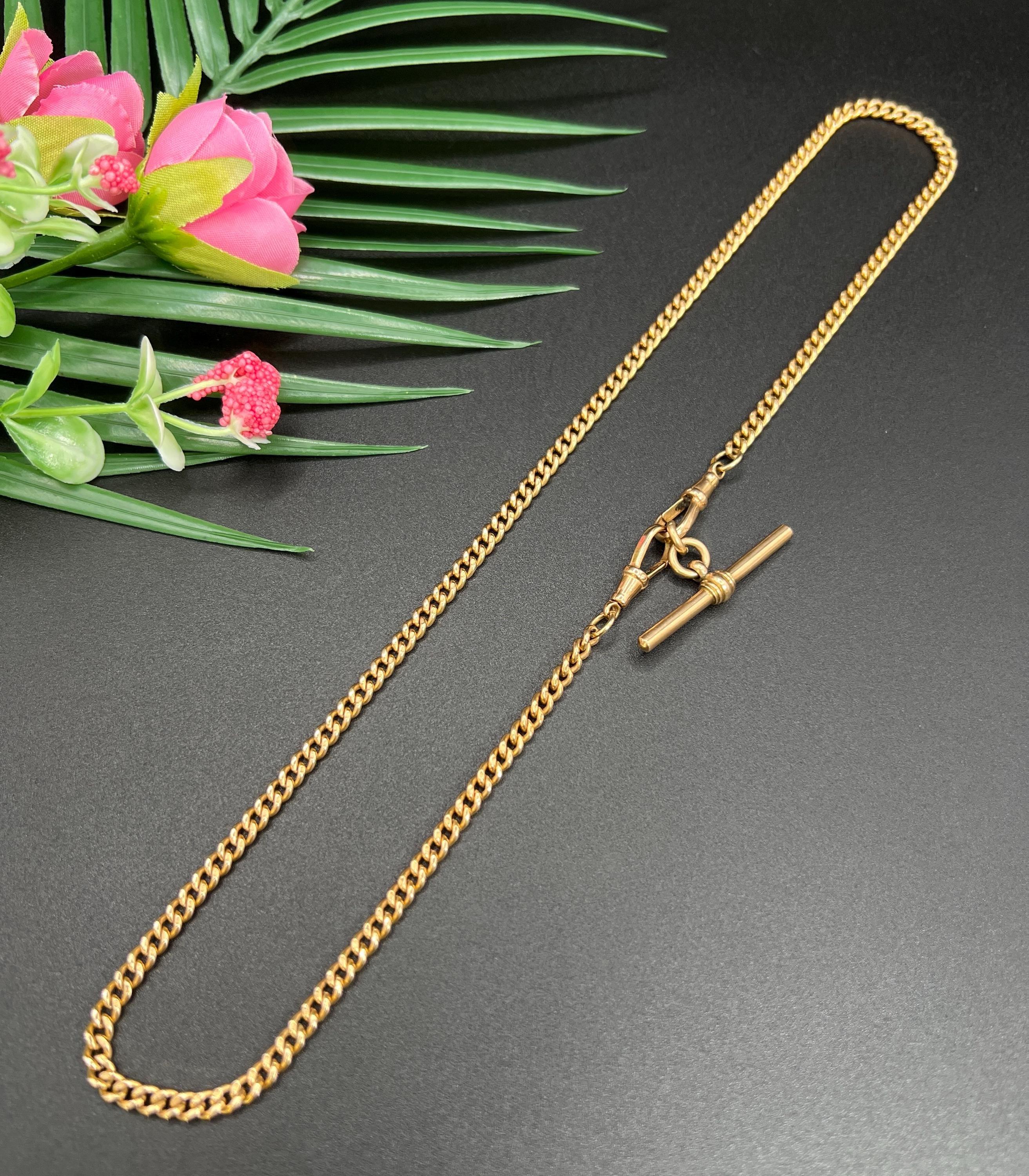 Antique 9ct Rose Gold, Edwardian 21 1/4 Inch Curb Link Albert Chain with T Bar For Sale 6
