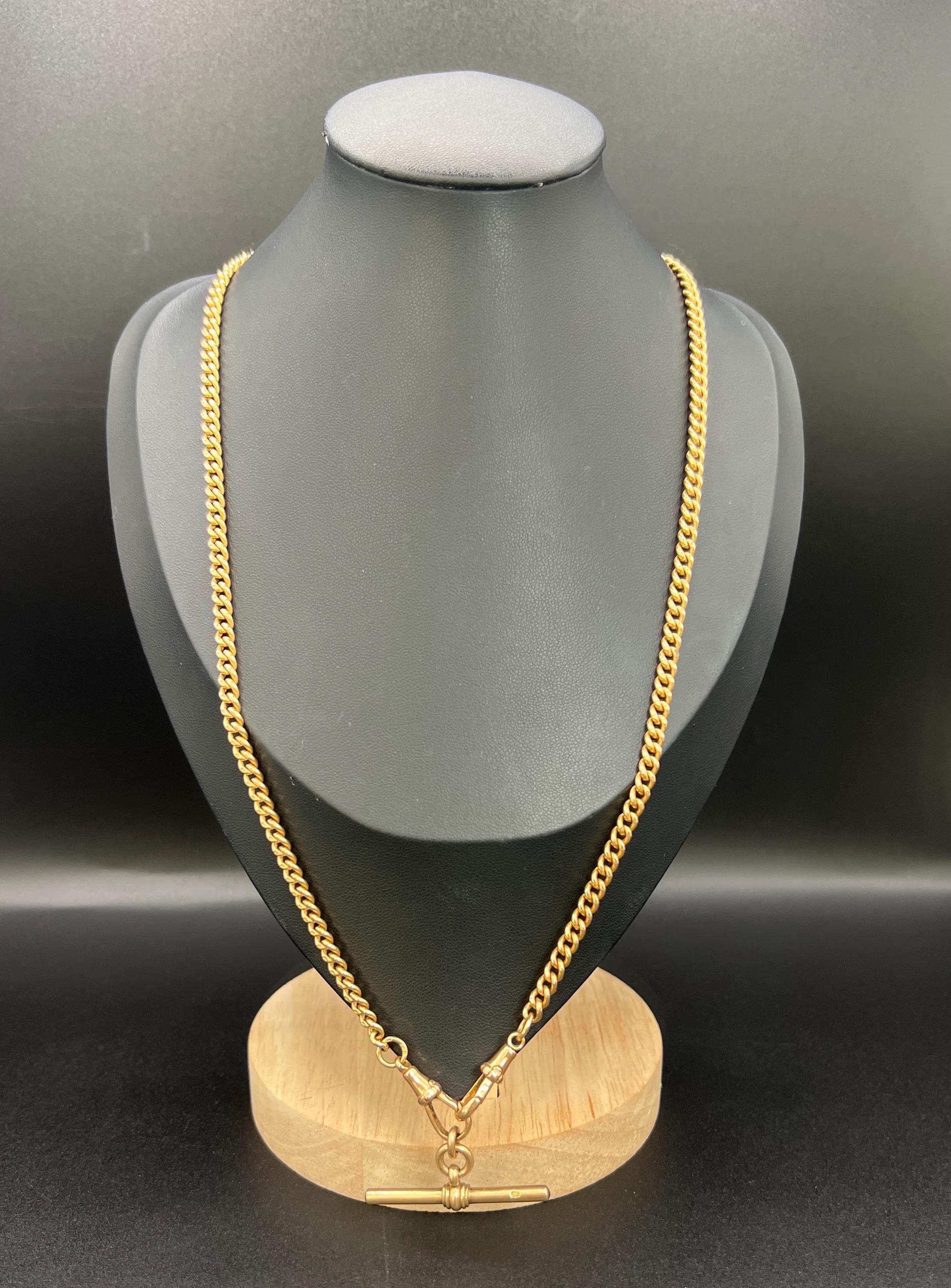 Antique 9ct Rose Gold, Edwardian 21 1/4 Inch Curb Link Albert Chain with T Bar For Sale 7