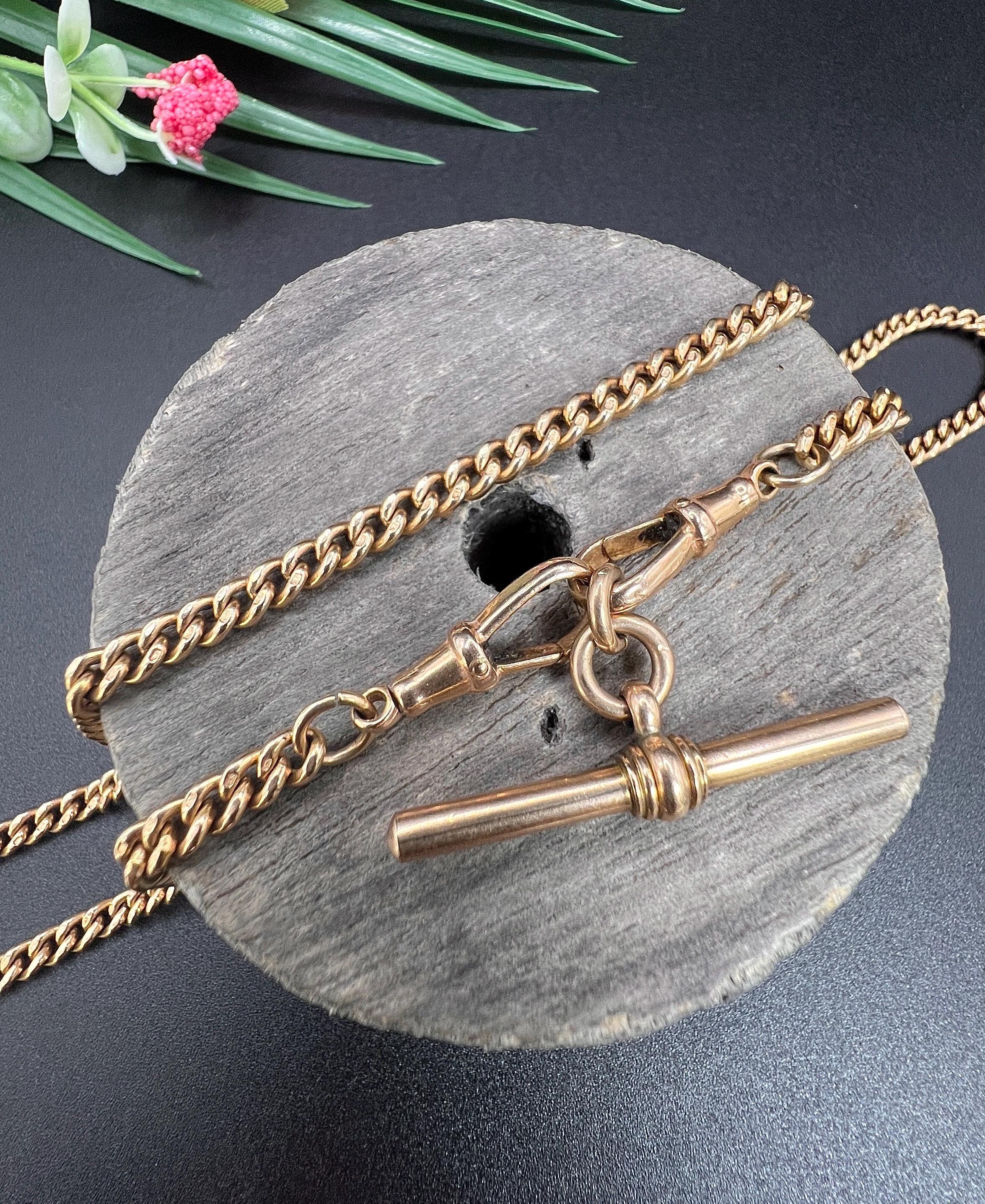 Antique 9ct Rose Gold, Edwardian 21 1/4 Inch Curb Link Albert Chain with T Bar In Good Condition For Sale In Brighton, GB