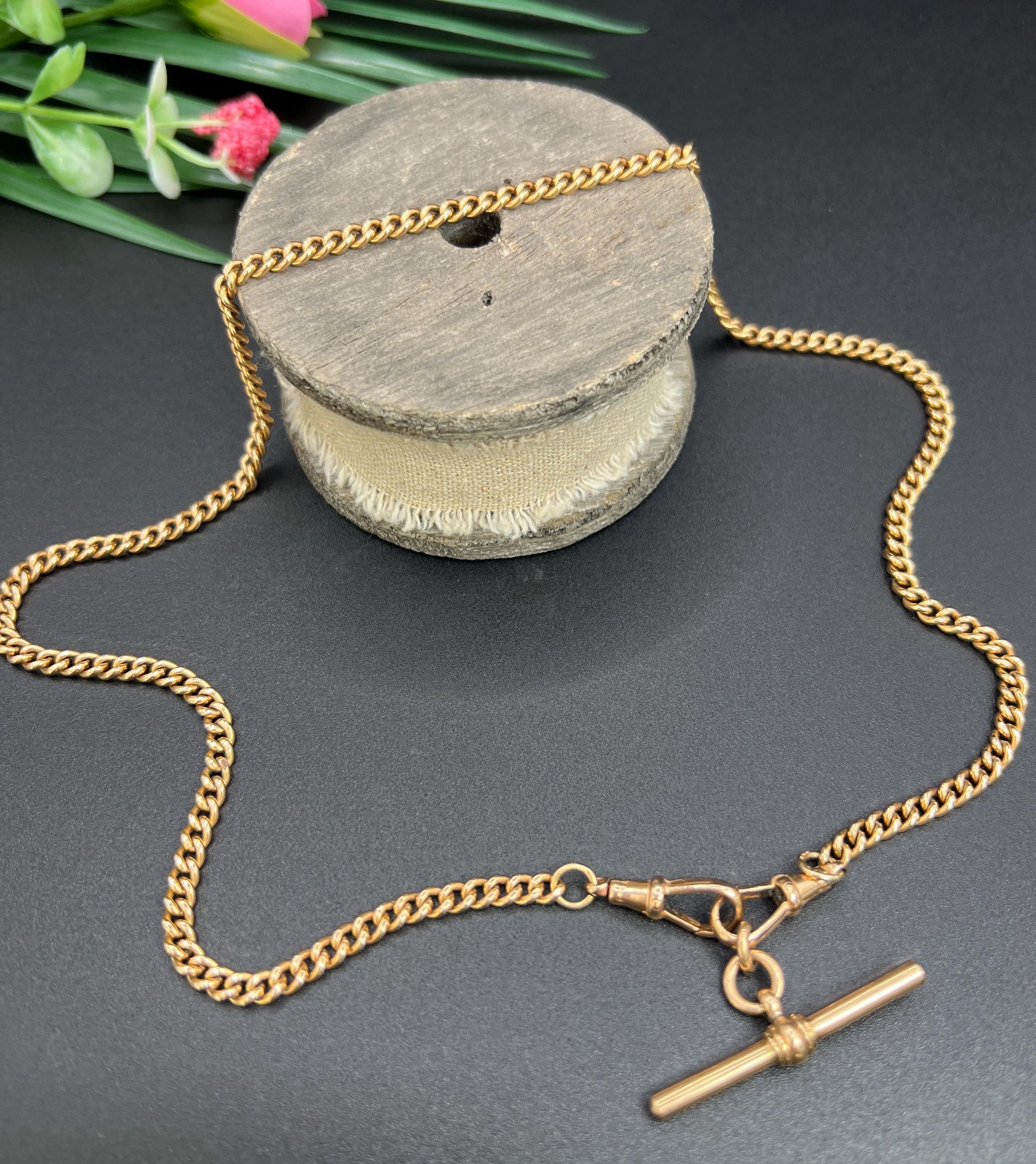Antique 9ct Rose Gold, Edwardian 21 1/4 Inch Curb Link Albert Chain with T Bar For Sale 1