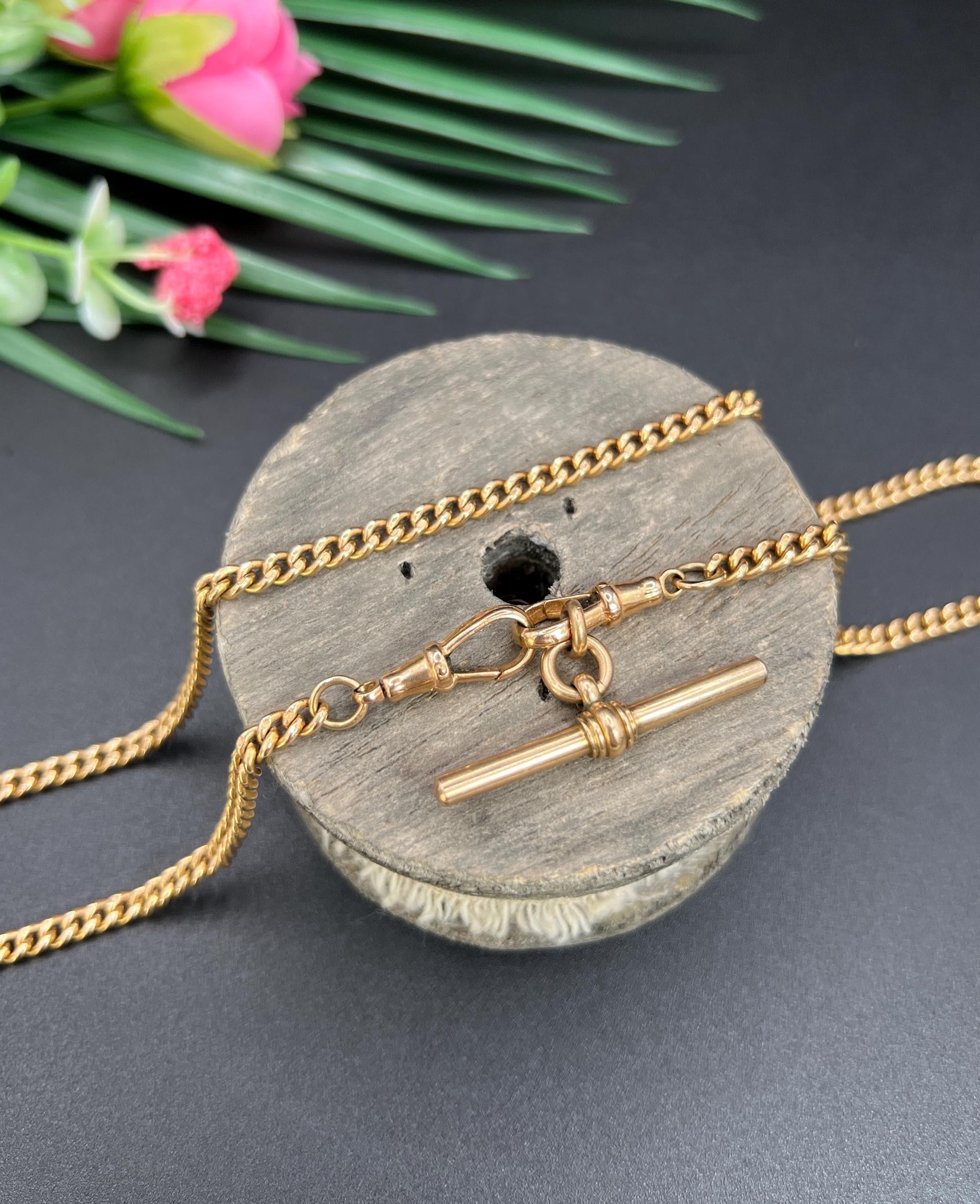 Antique 9ct Rose Gold, Edwardian 21 1/4 Inch Curb Link Albert Chain with T Bar For Sale 4