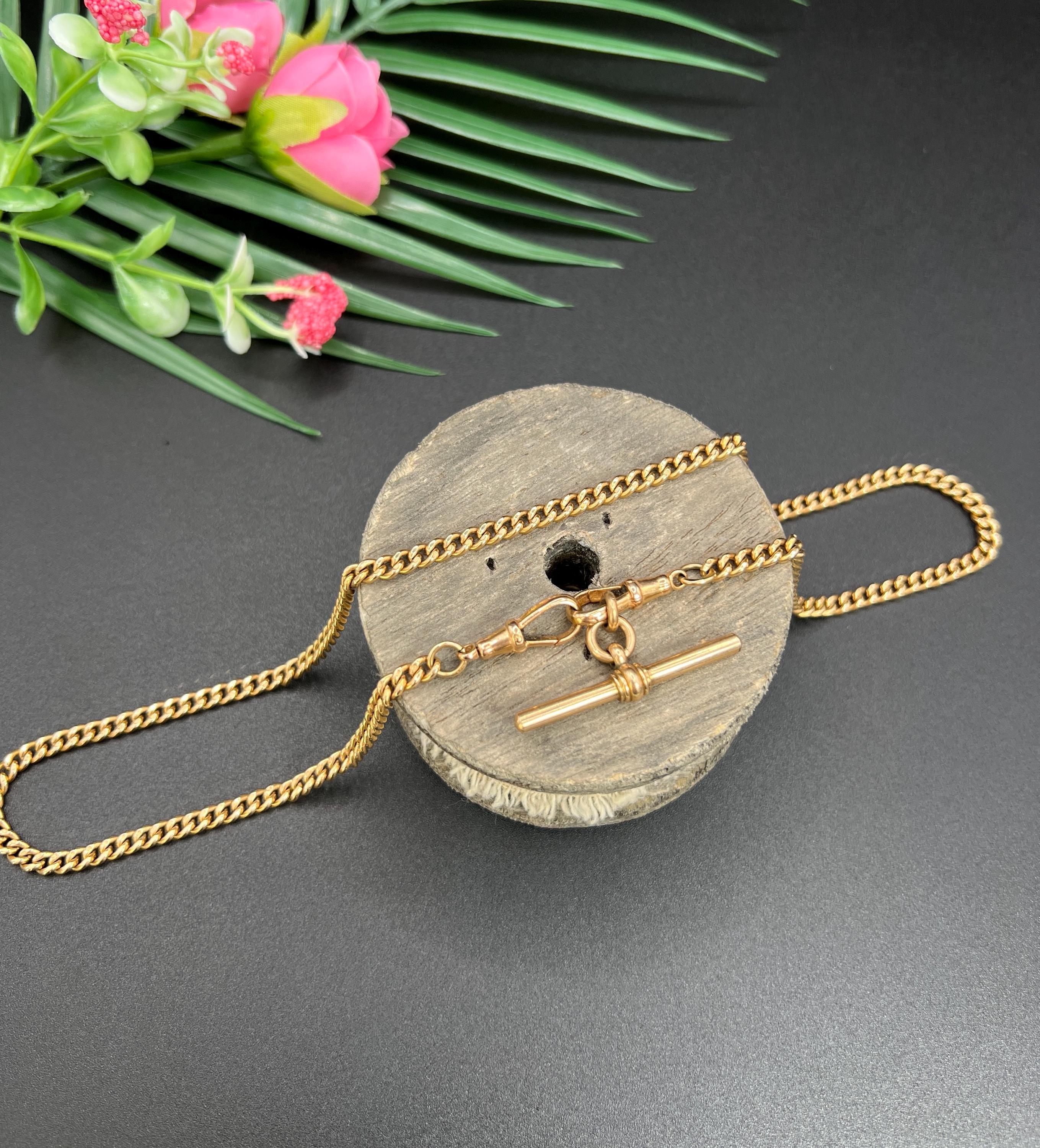 Antique 9ct Rose Gold, Edwardian 21 1/4 Inch Curb Link Albert Chain with T Bar For Sale 5