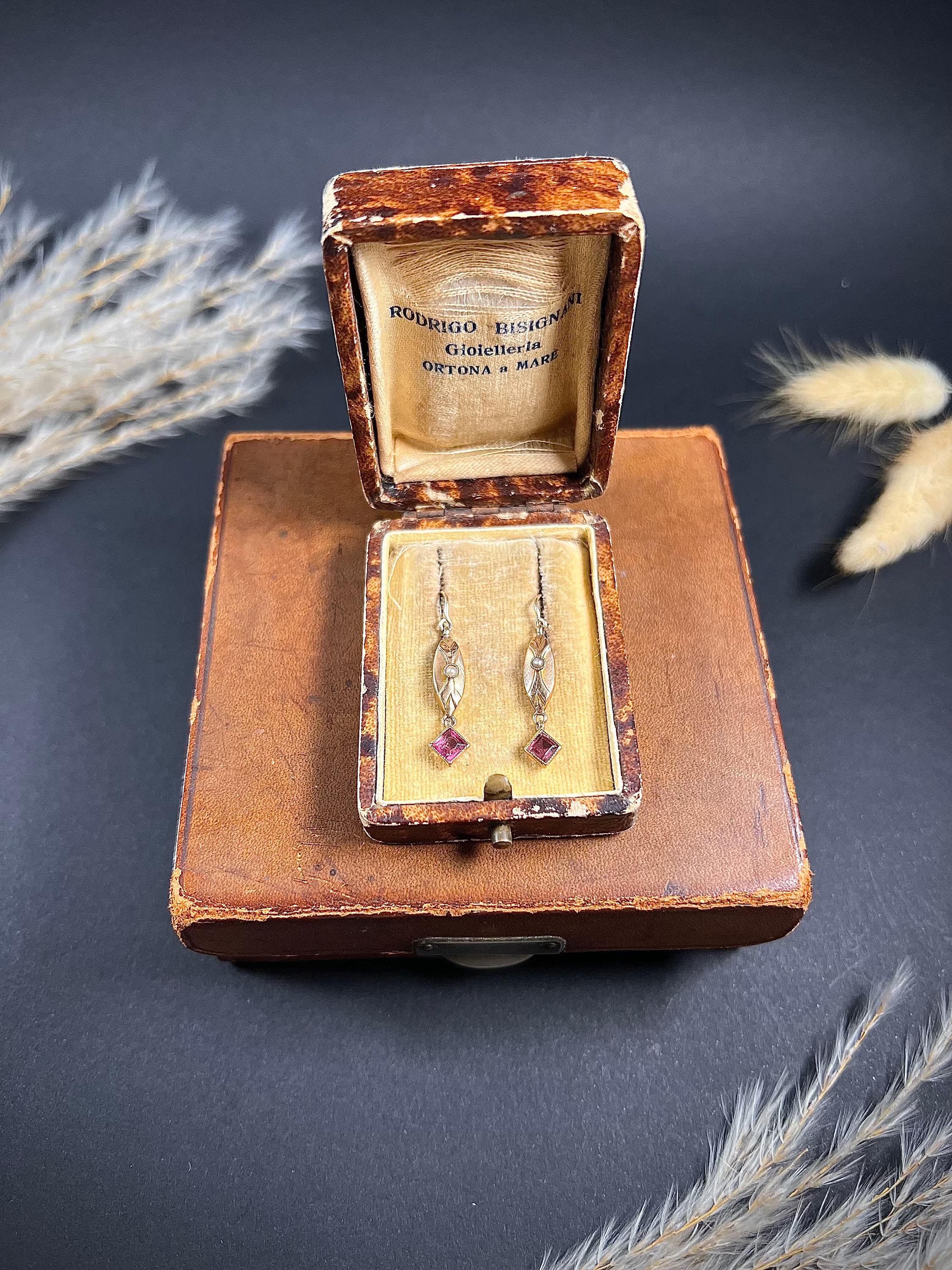 Antike 9 Karat Roségold, edwardianische Almandine-Granat- und Saatperlen-Tropfen-Ohrringe (Edwardian)