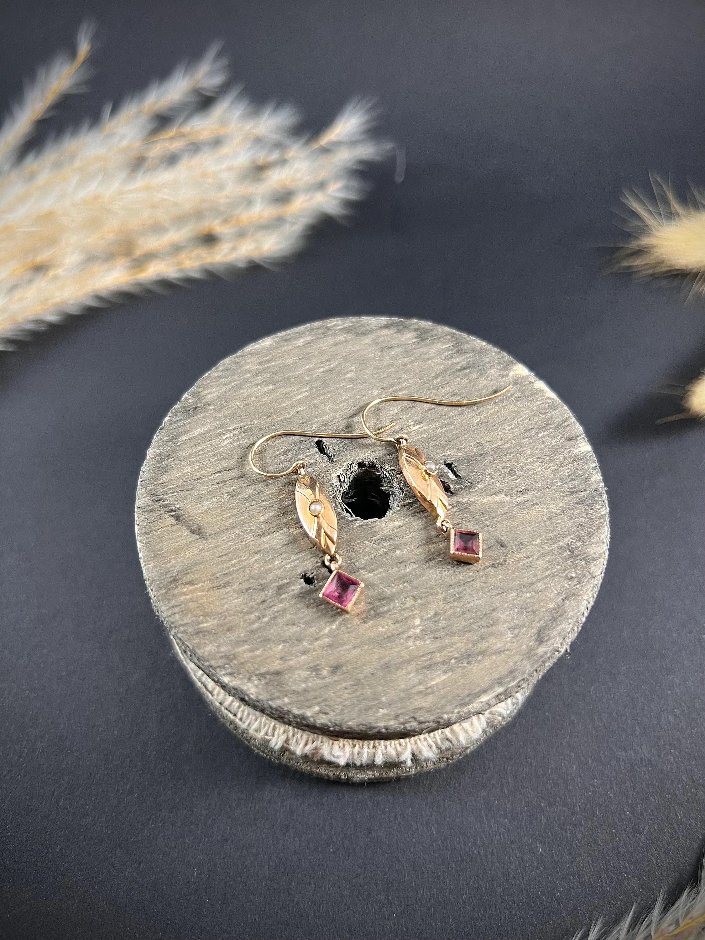 Women's or Men's Antique 9ct Rose Gold, Edwardian Almandine Garnet and Seed Pearl Drop Earrings For Sale