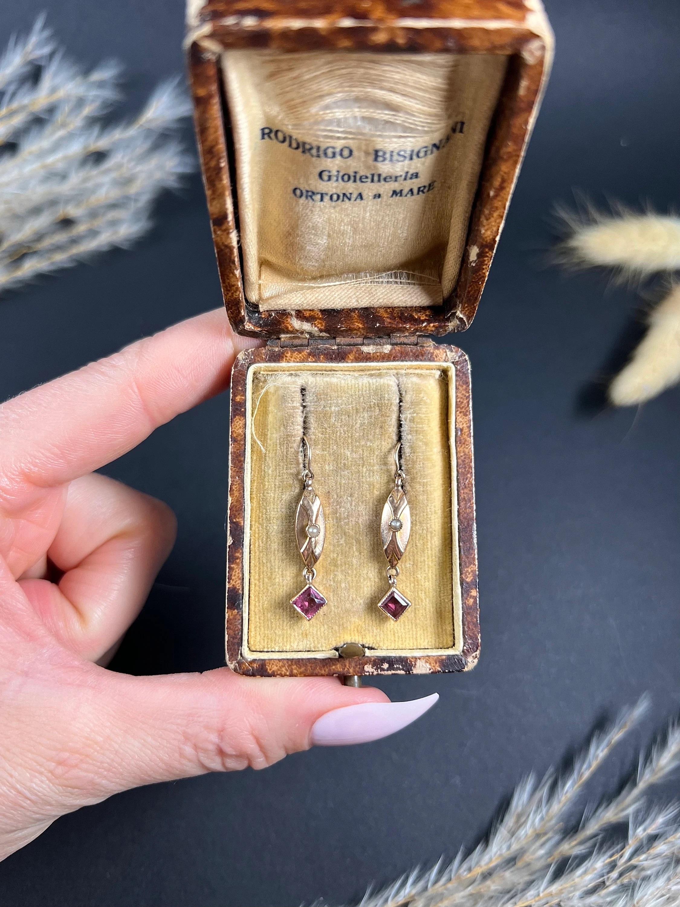 Antike 9 Karat Roségold, edwardianische Almandine-Granat- und Saatperlen-Tropfen-Ohrringe für Damen oder Herren im Angebot