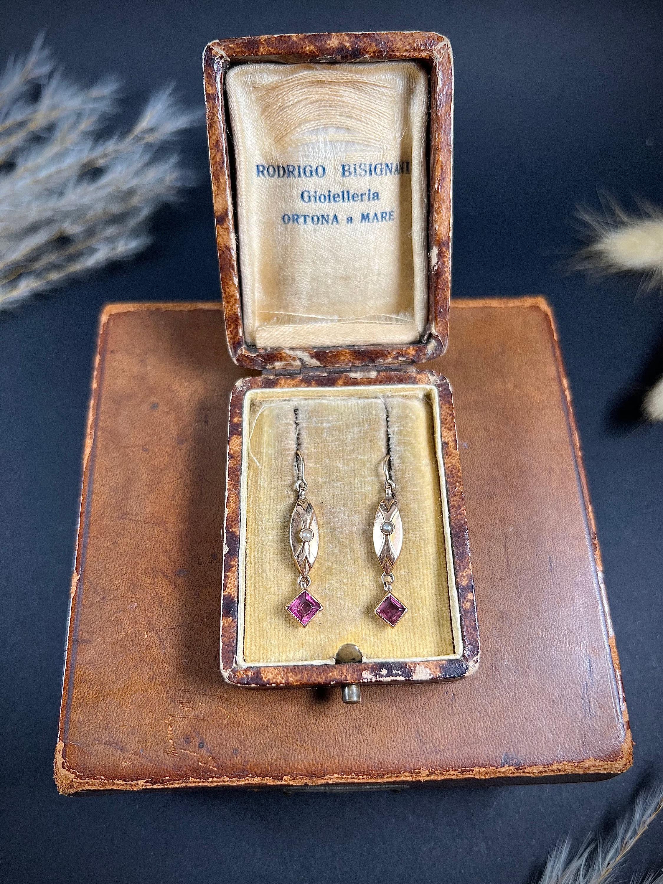 Antique 9ct Rose Gold, Edwardian Almandine Garnet and Seed Pearl Drop Earrings For Sale 4